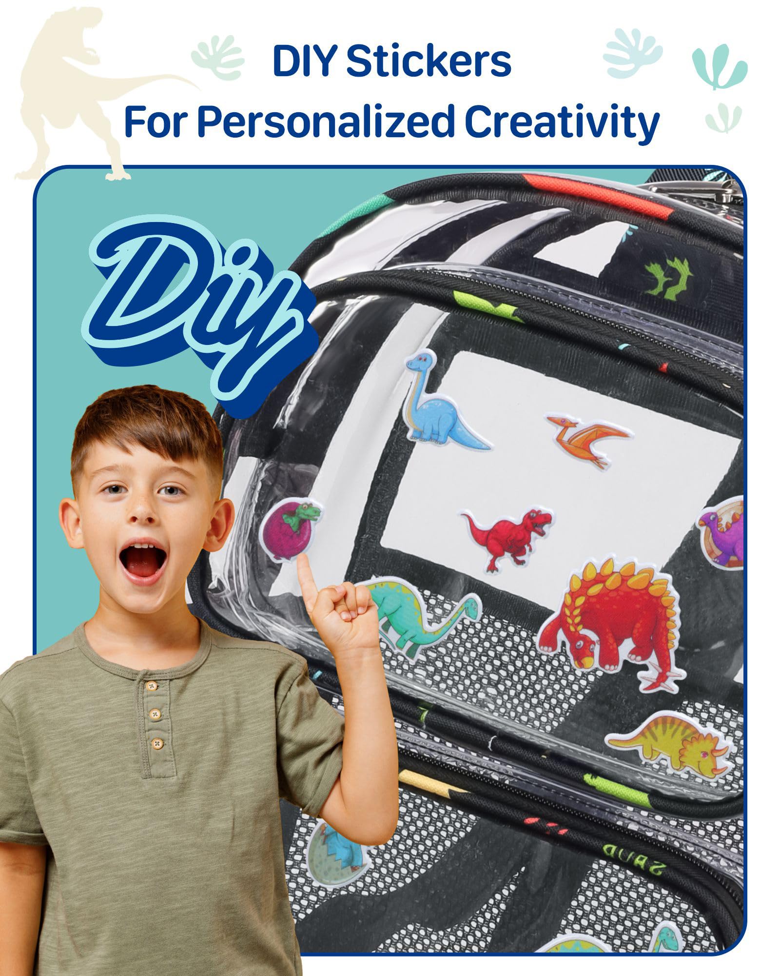 **Bagseri 15 Inch Clear Backpack for Boys & Girls - Heavy Duty Transparent School Bookbag for Kids Ages 3-7 | Black Dinosaur Design | Perfect for School, Travel & Theme Parks**
