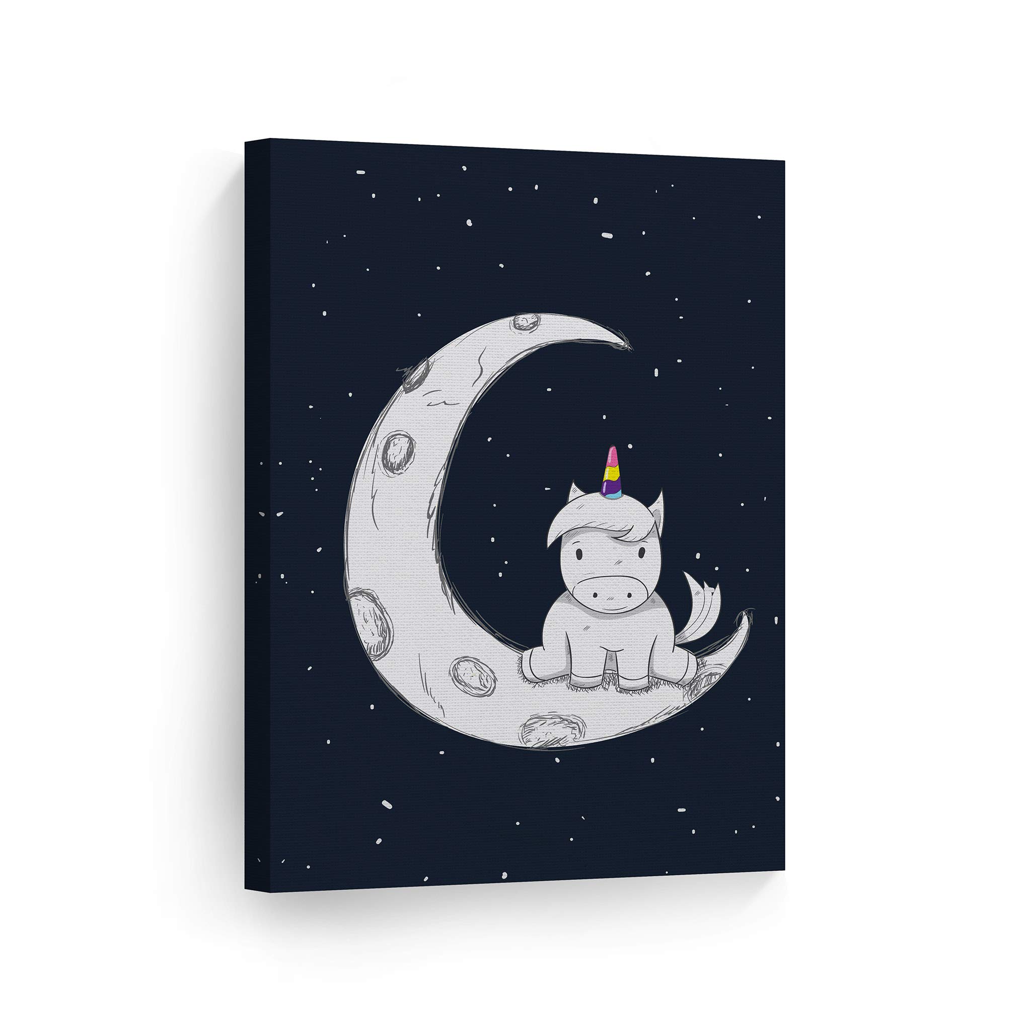 Cute Unicorn Wall Art Canvas Print - Moon, Sky & Stars Design for Kids Room, Nursery & Baby Room Decor - Ready to Hang Made in USA (22x15 Inches) - Perfect Gift for Unicorn Lovers & Fantasy Themed Bedrooms