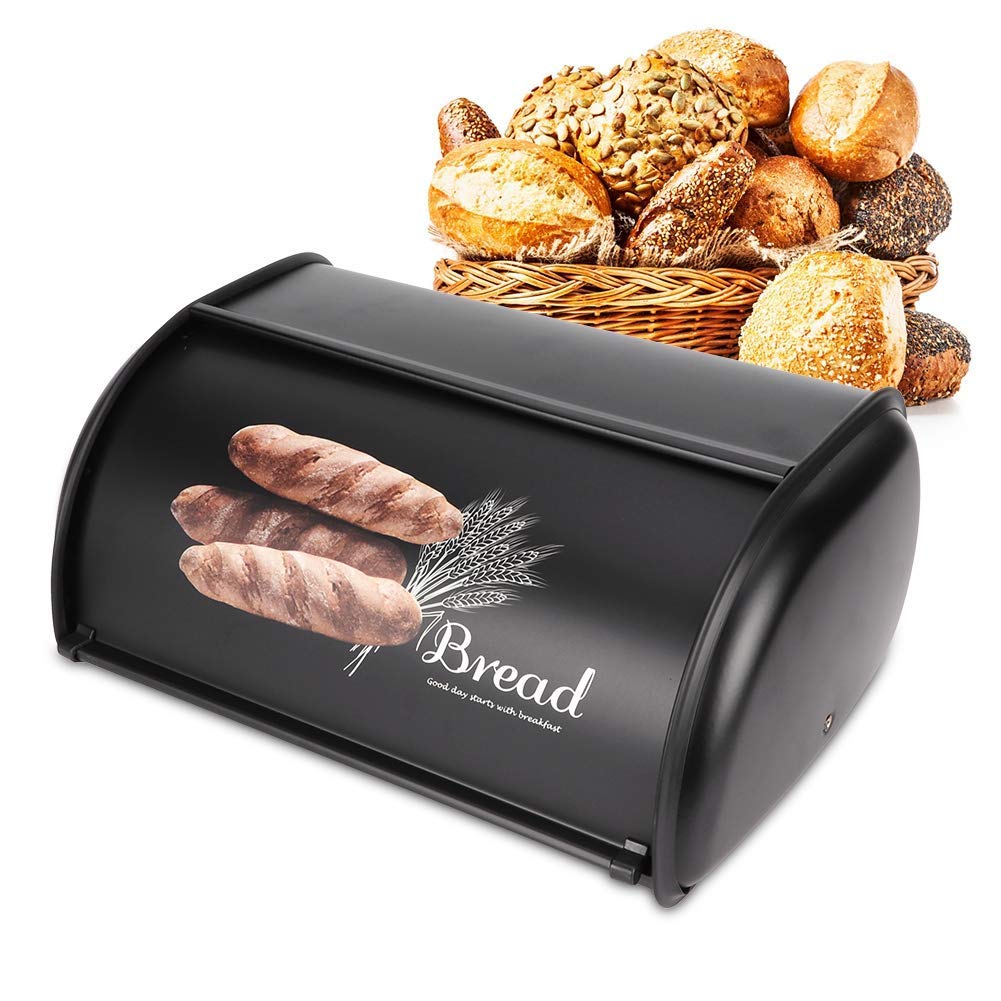 Oumefar Stainless Steel Bread Storage Box with Roll Top Lid - Kitchen Countertop Cake Holder for Cheesecake, Pastry, Bakery | Perfect for Home, Restaurant & Cafe Use (Black)