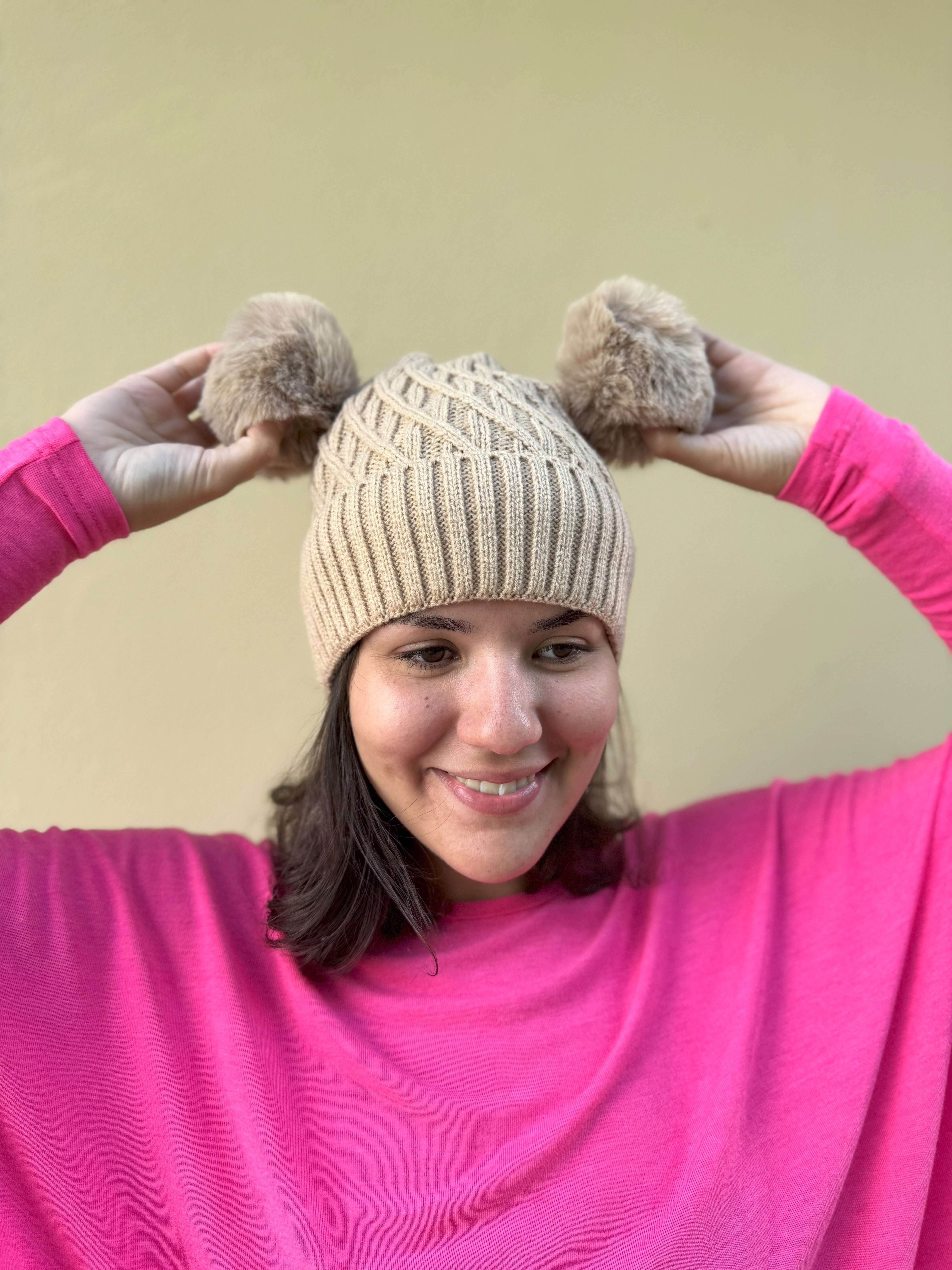 Warm Coffee Double Pom Pom Beanie Hat for Women - Soft Knit Winter Hat for Cold Weather, Outdoor Activities, and Casual Fashion