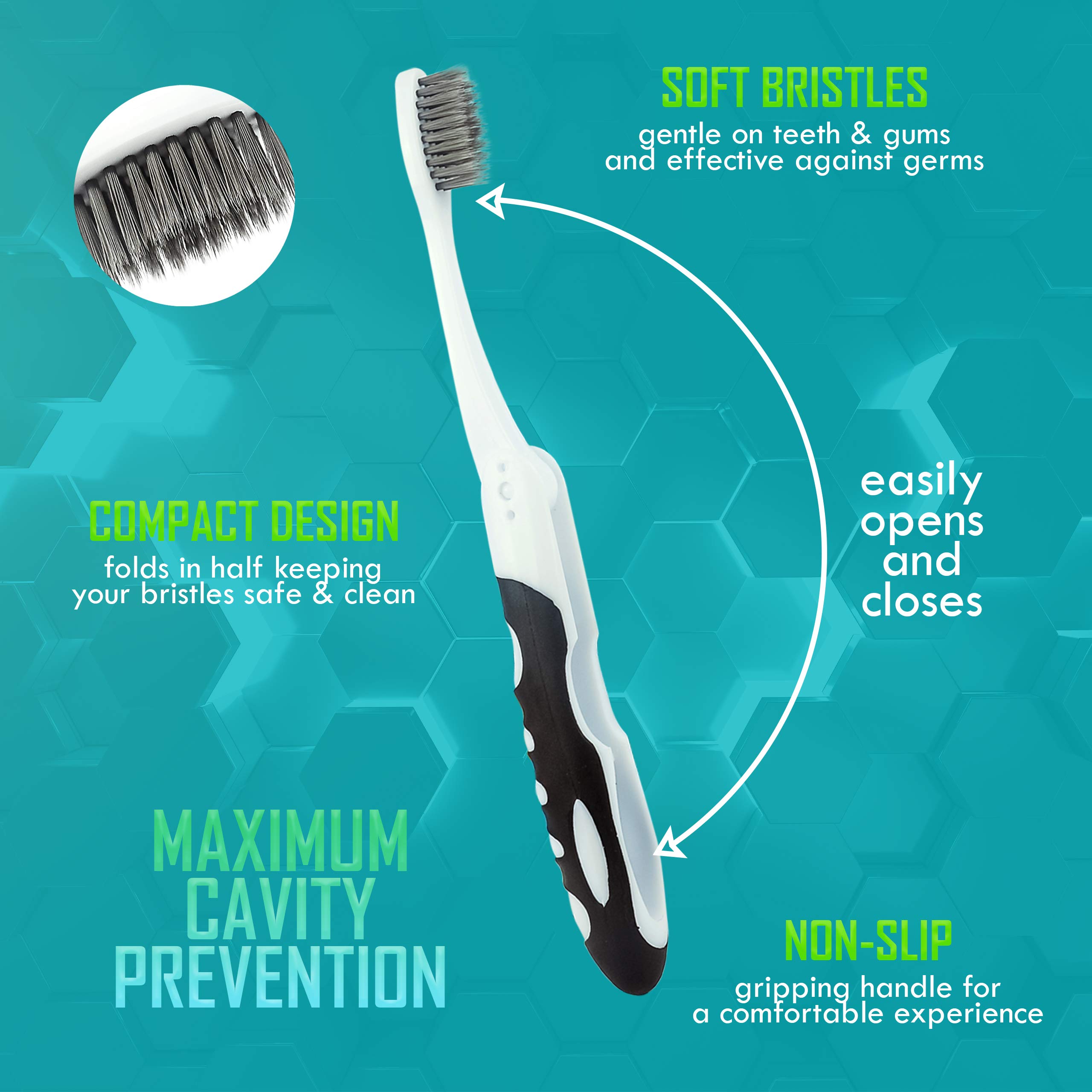 Lingito Folding Travel Toothbrush with Built-in Cover - Compact Collapsible Toothbrush Kit for Camping, Hiking & Travel (3 Pack Soft-Charcoal Bristles) - Perfect for Backpacking, Gym Bags & Emergency Kits