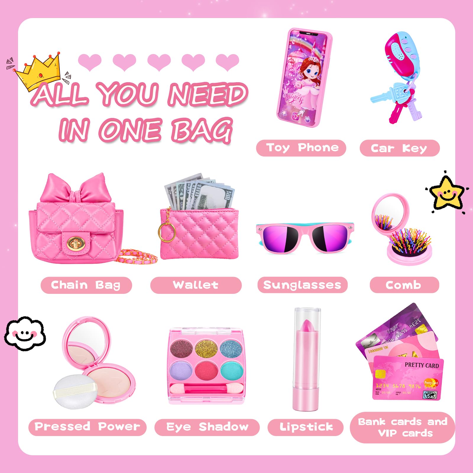 **Little Girl Purse with Kids Makeup Kit - My First Purse Set with Chain Bag, Pretend Play Toys for Toddlers - Princess Toys for Christmas & Birthday Gifts (Pink) - Perfect for Dress-Up, Role Play & Party Favors for Girls Ages 3-8**
