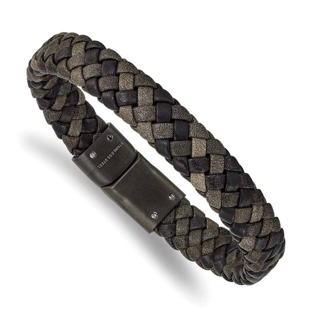 Premium Stainless Steel Brushed Gun Metal IP-Plated Brown Leather Bracelet - 8.25