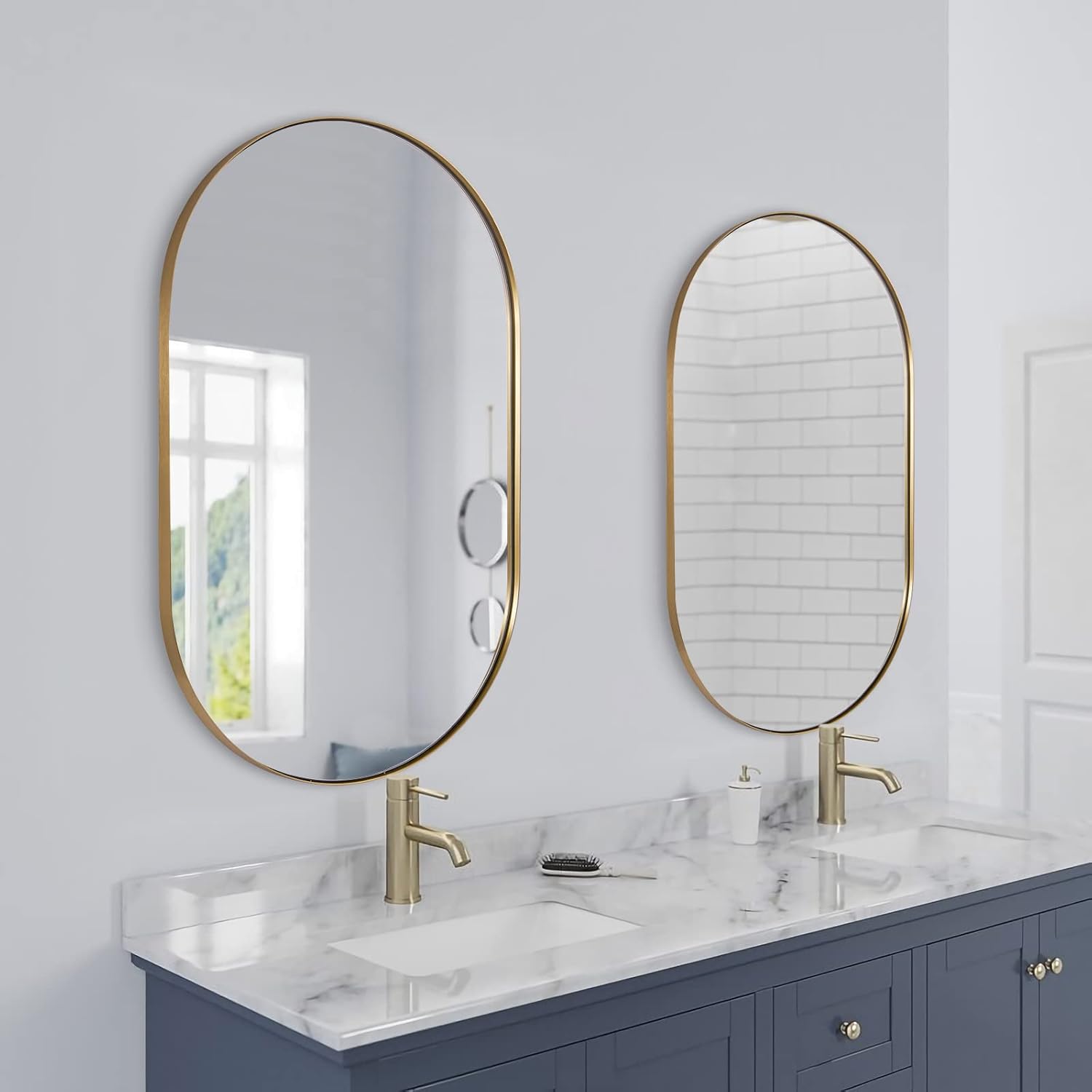 Modern Long Oval Pill-Shaped Capsule Wall Mirror with Stainless Steel Frame - Elegant Bathroom, Bedroom & Entryway Decor for Home & Office