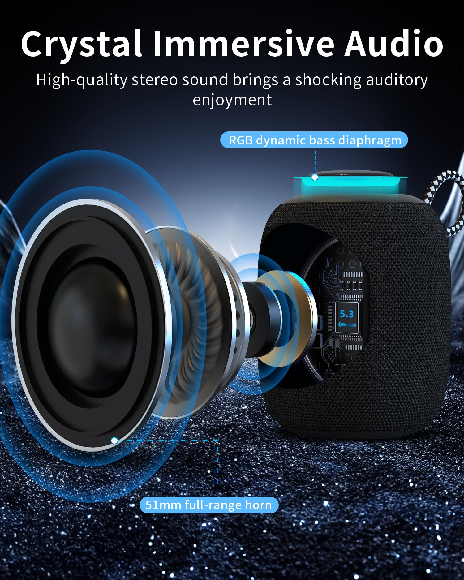Premium Bluetooth Speaker IPX7 Waterproof - 15W Powerful Sound, 30H Playtime, LED Lights, BT5.3, TWS Pairing - Wireless Portable Speaker for Outdoor, Camping, Beach, Pool Party & Home Use