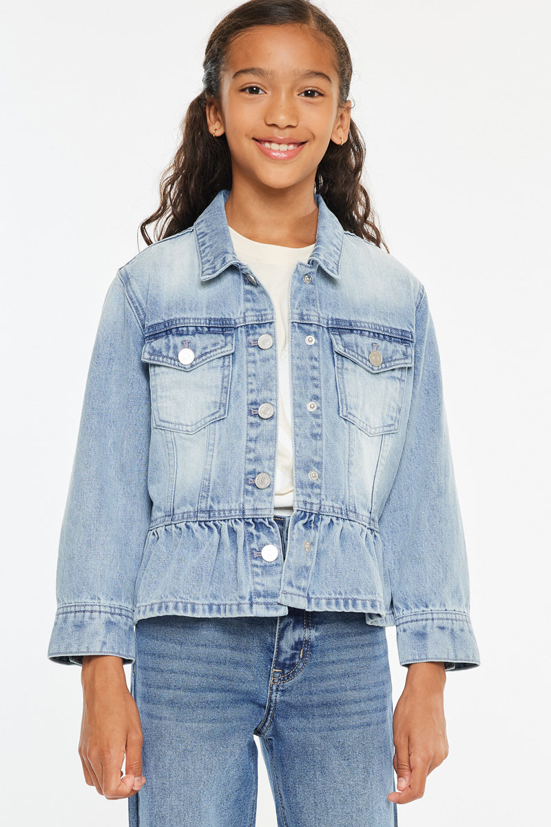 Penny Kids Peplum Denim Jacket for Girls - Stylish & Comfortable Denim Jacket with Ruffle Hem - Perfect for School, Playdates & Outdoor Activities