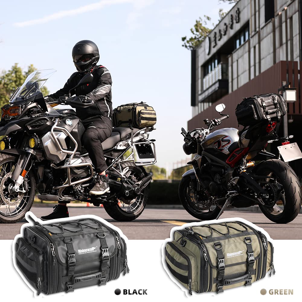 Rhinowalk 26L Waterproof Expandable Motorcycle Saddle Bag - Motorbike Tail Pannier for Powersports & Travel Luggage (Army Green) | Durable Storage for Road Trips, Commuting & Adventure Riding