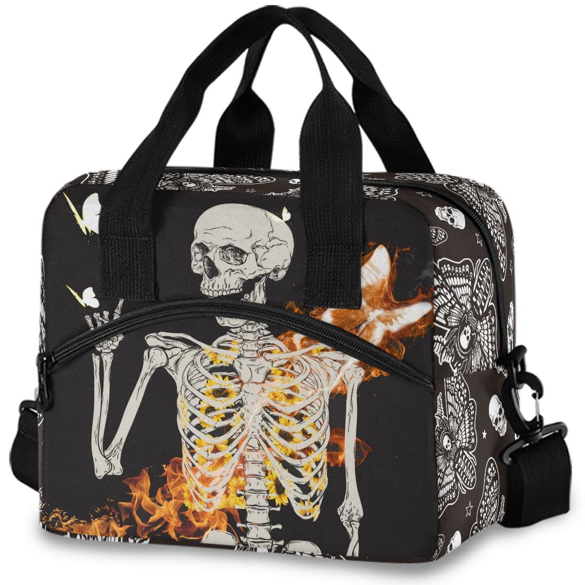 Insulated Lunch Bag with Skull Skeleton & Glitter Butterfly Design - Reusable Leakproof Cooler Tote for Women & Men - Perfect for Work, School, Picnics & Outdoor Activities