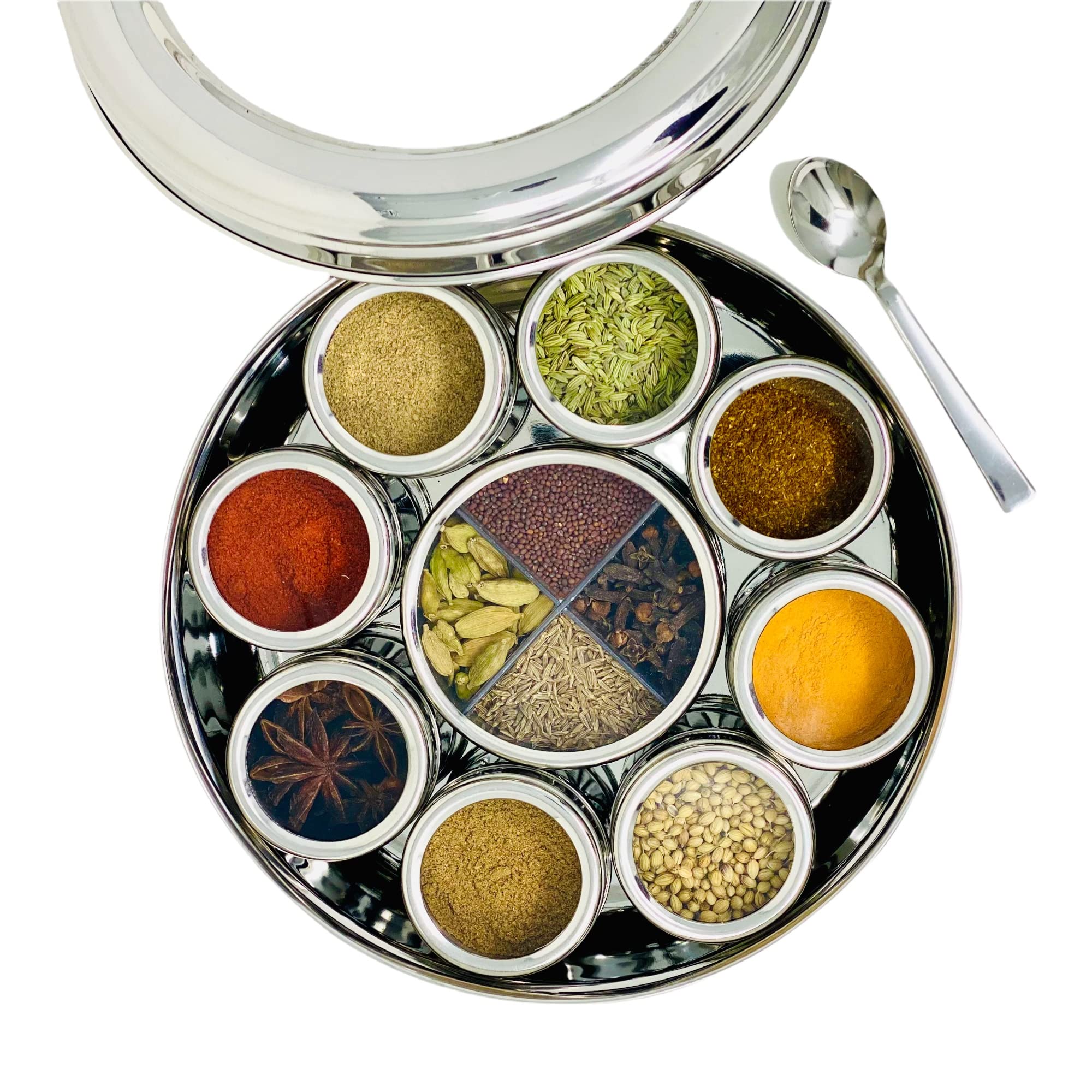 Premium Stainless Steel Spice Box with 7 Individual Containers - Airtight Indian Masala Dabba for Salt, Pepper & Spices Storage | Elegant Kitchen Organizer for Home, Restaurant & Gifting | Durable & Rust-Proof Spice Container Set