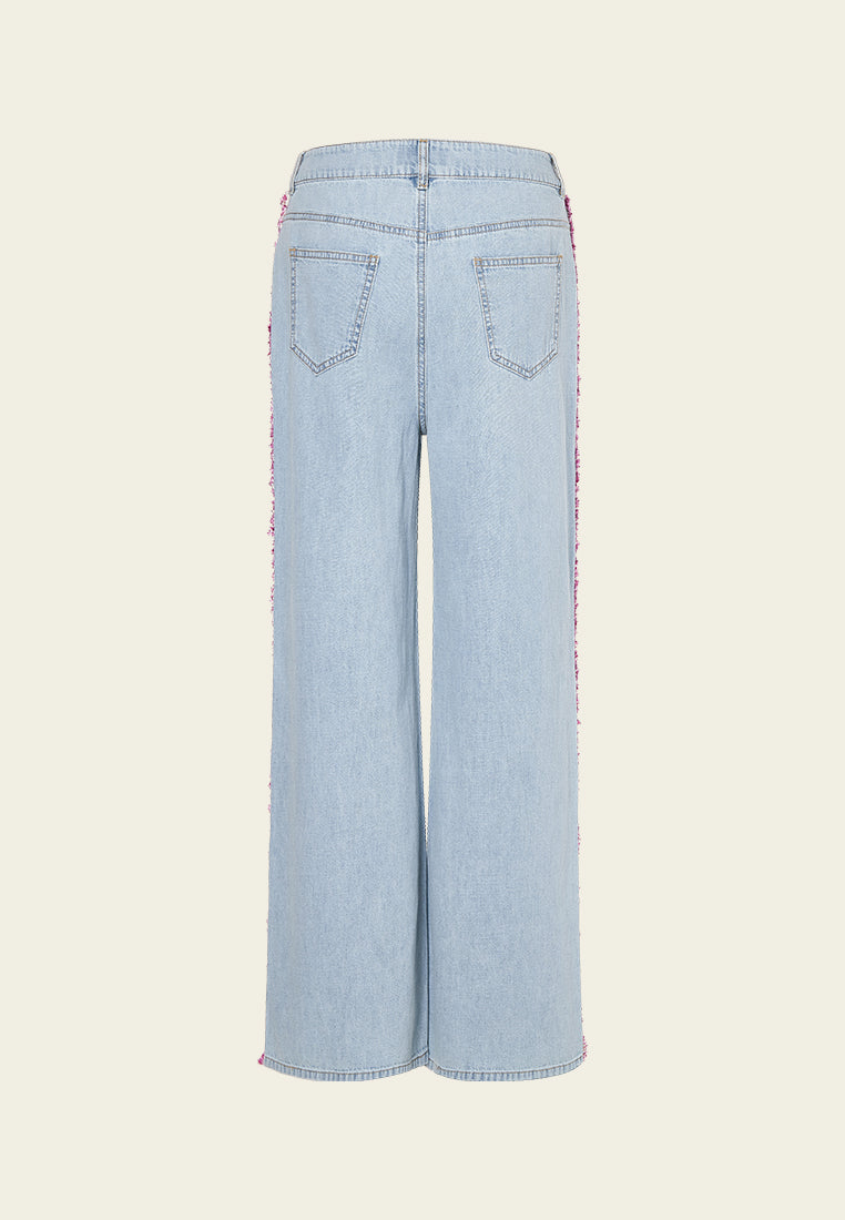 Stylish Tweed Embellished Straight Leg Jeans for Women - Trendy High-Waisted Denim Pants for Casual Wear & Office Outfits