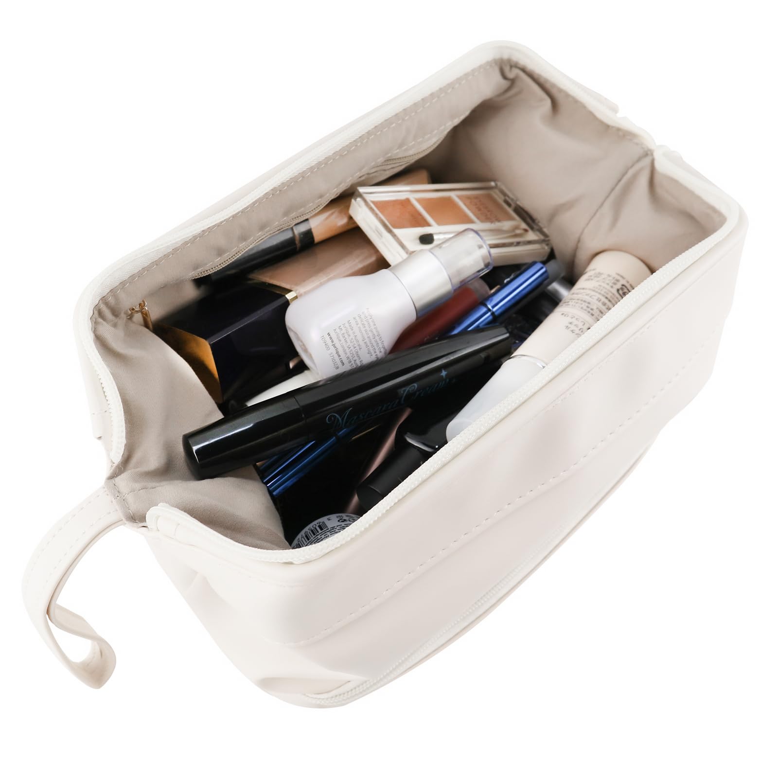 Waterproof Travel Makeup Bag for Women - Large Capacity Double Layer Cosmetic Organizer with Brush Holder, PU Leather Toiletry Bag (White) - Perfect for Travel, Gym & Daily Makeup Storage