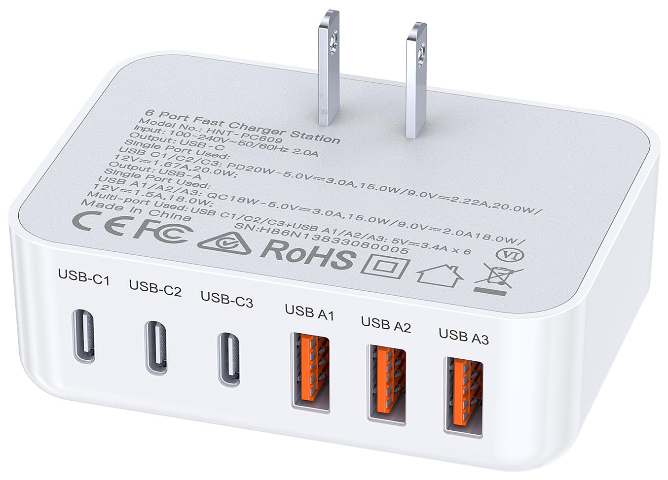 100W 6-Port USB C Wall Charger with PD & QC - Fast Charging Block for iPhone 16/15/14/13/12/11 Pro Max/XR/XS/8/7, Samsung Galaxy - Compact Multi-Port Charging Station for Home, Office & Travel