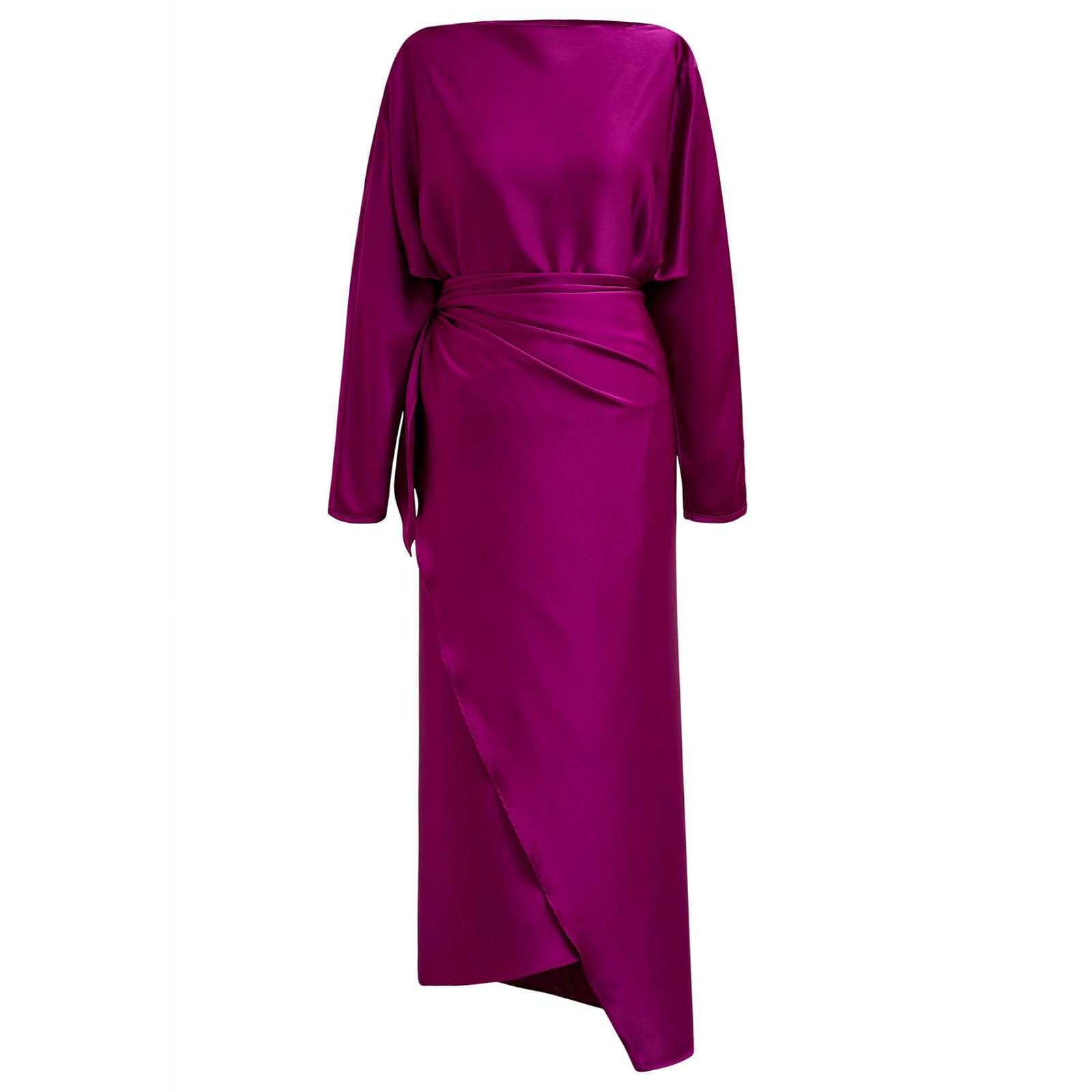 CHICWISH Women's Satin Long Sleeve Maxi Dress - Elegant Boat Neck Wrap Waist Casual Spring Dress in Magenta | Perfect for Weddings, Parties & Date Nights