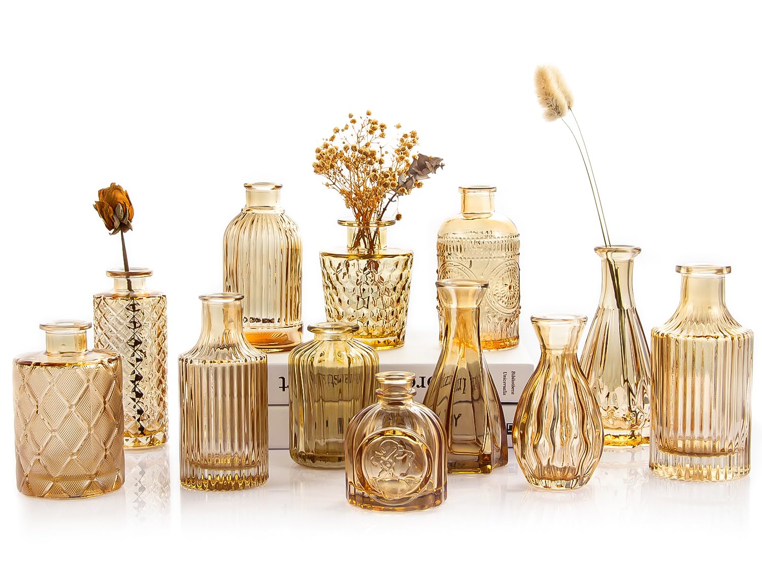 12-Piece Gold Amber Glass Bud Vases Set - Small Vintage Flower Vases for Wedding Centerpieces, Home & Office Décor - Perfect for Single Stem Flowers, Table Arrangements & Champagne Party Decorations