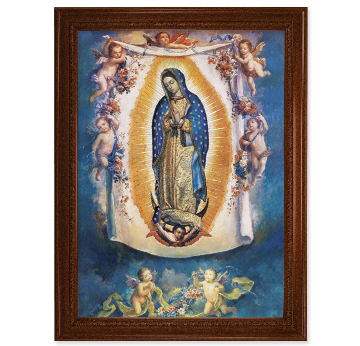Our Lady of Guadalupe with Angels Framed Wall Art - Extra Large Catholic Religious Home Decor - Natural Walnut Wood Frame with Fluted Details - Perfect for Living Room, Bedroom or Church Decoration