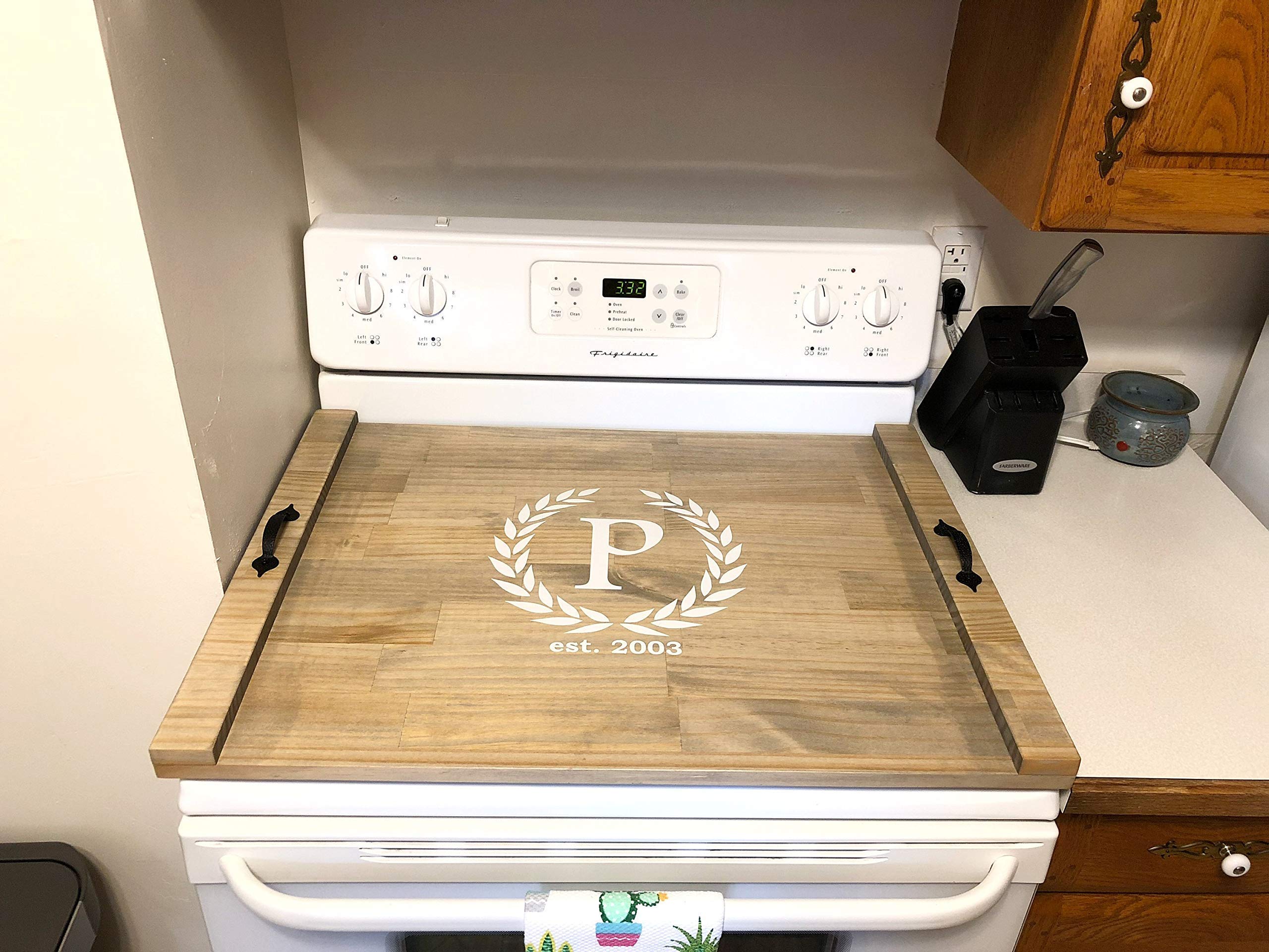 Rustic Wood Stove Top Cover - Decorative Wooden Tray for Stove - Personalized Kitchen Countertop Protector - Perfect for Farmhouse Style Kitchens & Holiday Decor