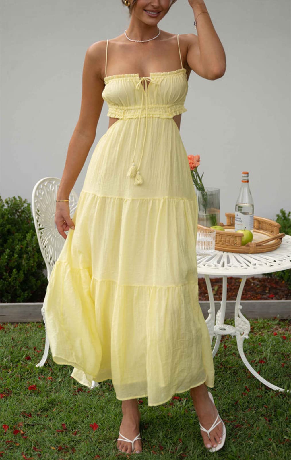 Yuemengxuan Women's Backless Mini Dress - A-Line Fairy Summer Dress with Spaghetti Straps & Ruffle Ruched Design | Flowy Sun Dress for Beach, Party & Date Night | 2025 Fashion Trend