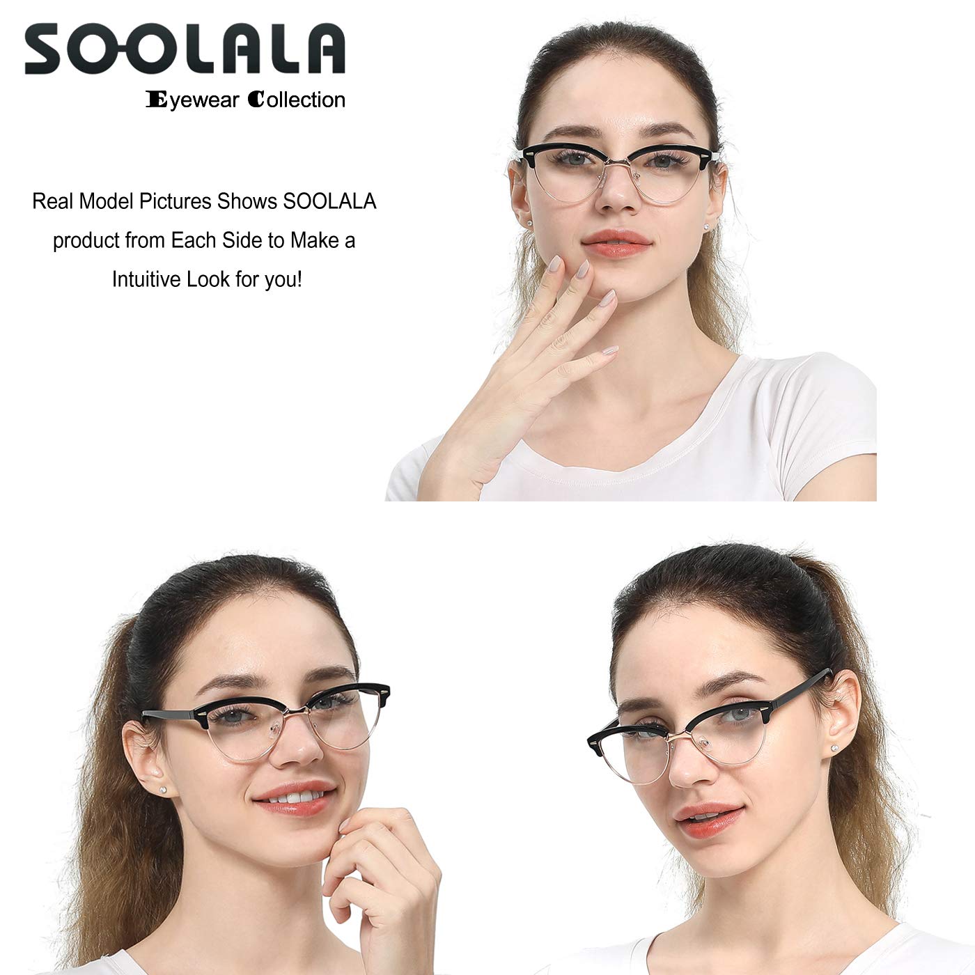 Blue Light Blocking Reading Glasses for Women - SOOLALA Half Frame Cat Eye Computer Glasses with Anti-UV Lenses - Perfect for Office Work, Screen Time & Digital Eye Strain Relief