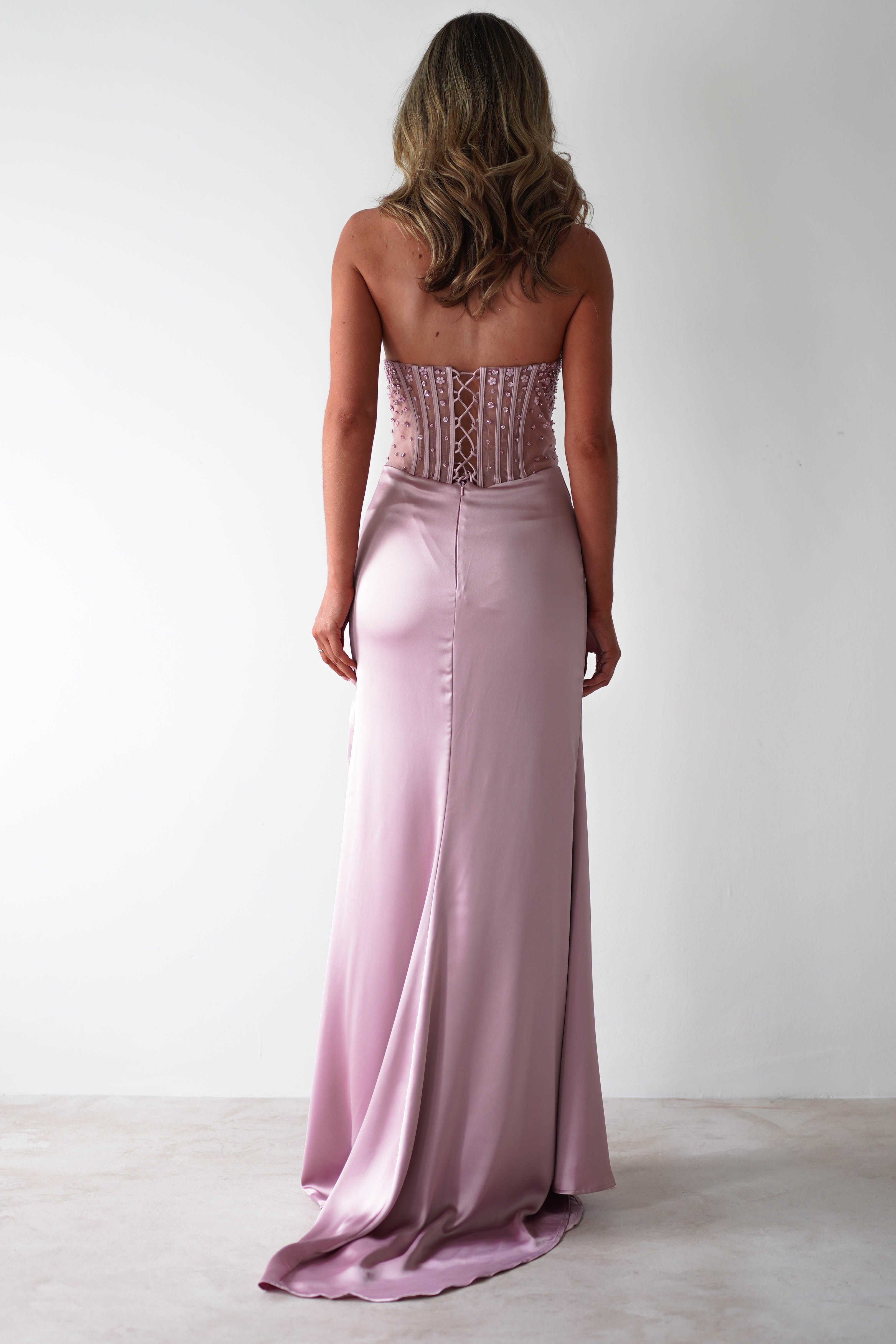 Theodora Strapless Embellished Evening Gown in Mauve | Elegant Beaded Prom Dress for Women | Perfect for Weddings, Galas & Formal Events