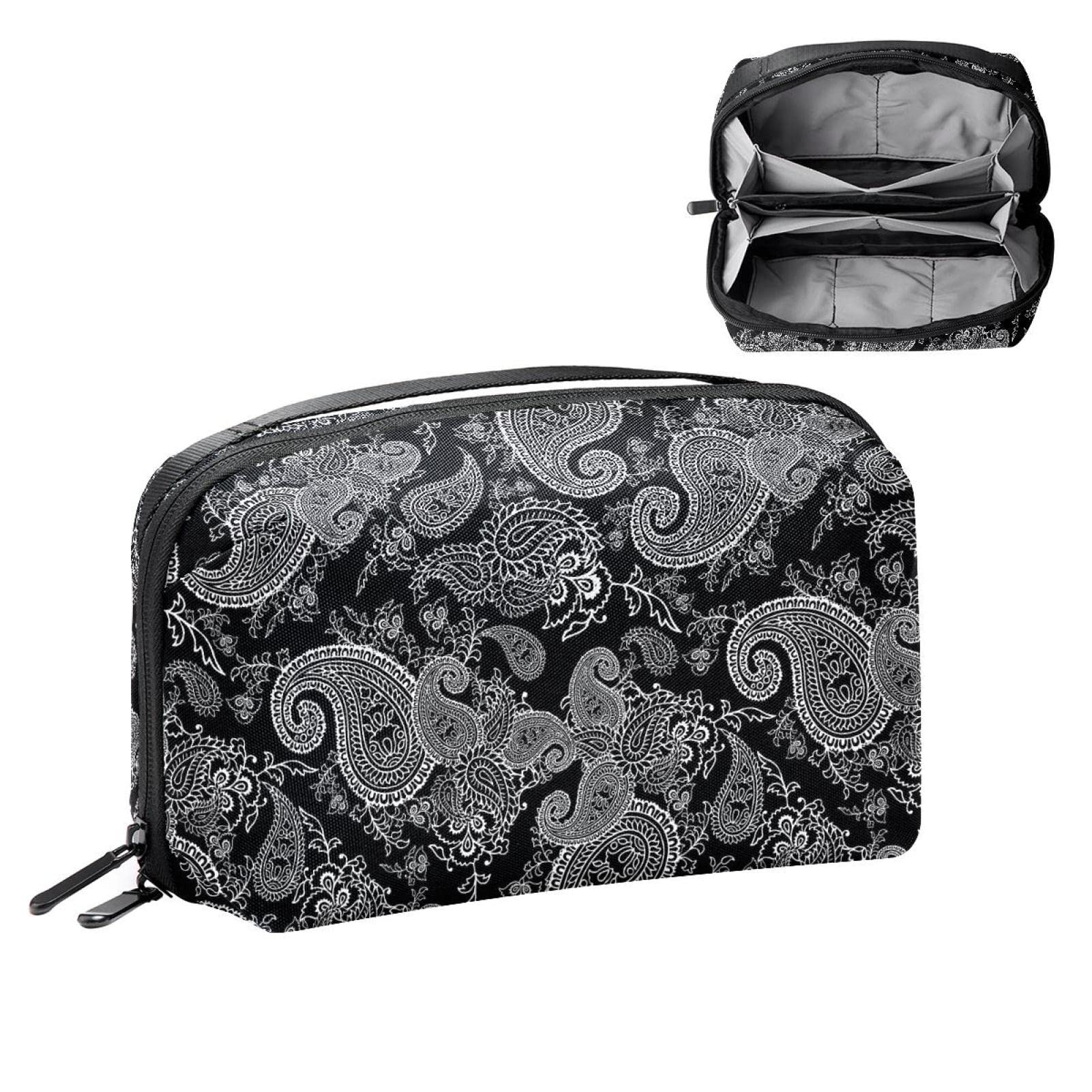 Stylish Waterproof Makeup Bags for Women - Vintage Paisley Ethnic Design with Cashew Flowers (Black & White) | Perfect Travel Cosmetic Organizer for Vacation, Gym & Daily Use