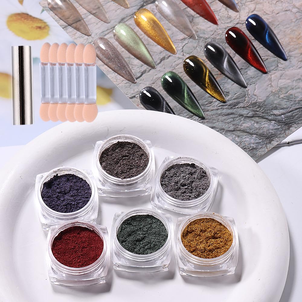 6 Colors Magnetic Cat Eye Chrome Powder for Nails - Silver Blue Red Pearlescent Metallic Galaxy Glitter with Magnets & Sticks - Professional Nail Art Pigment for Salon & DIY Manicures - Perfect for Parties, Weddings & Special Occasions