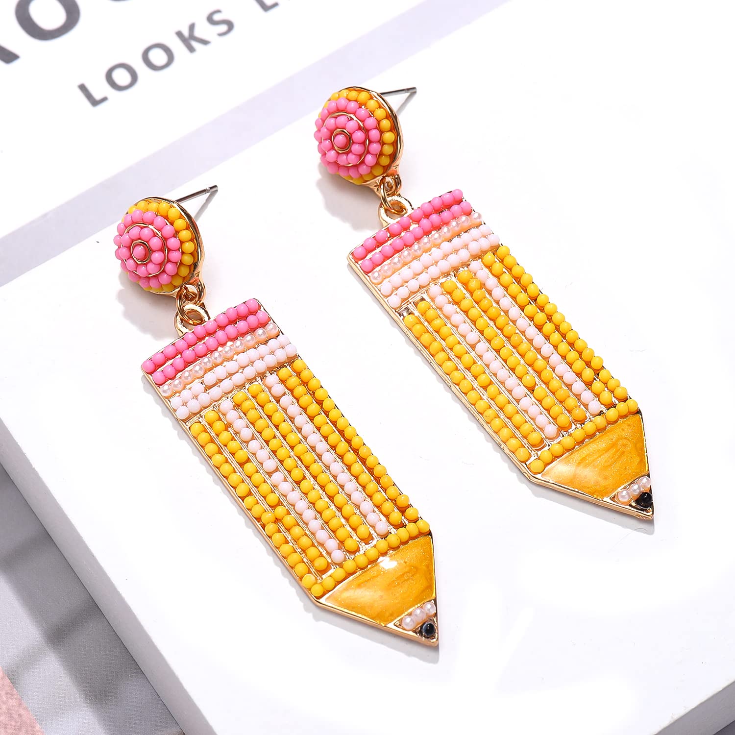 Handmade Beaded Pencil Drop Earrings for Women - Teacher Appreciation Gift, Back to School Jewelry, Dangle Earrings for Educators | Perfect for Classroom, Teacher's Day, and School Events