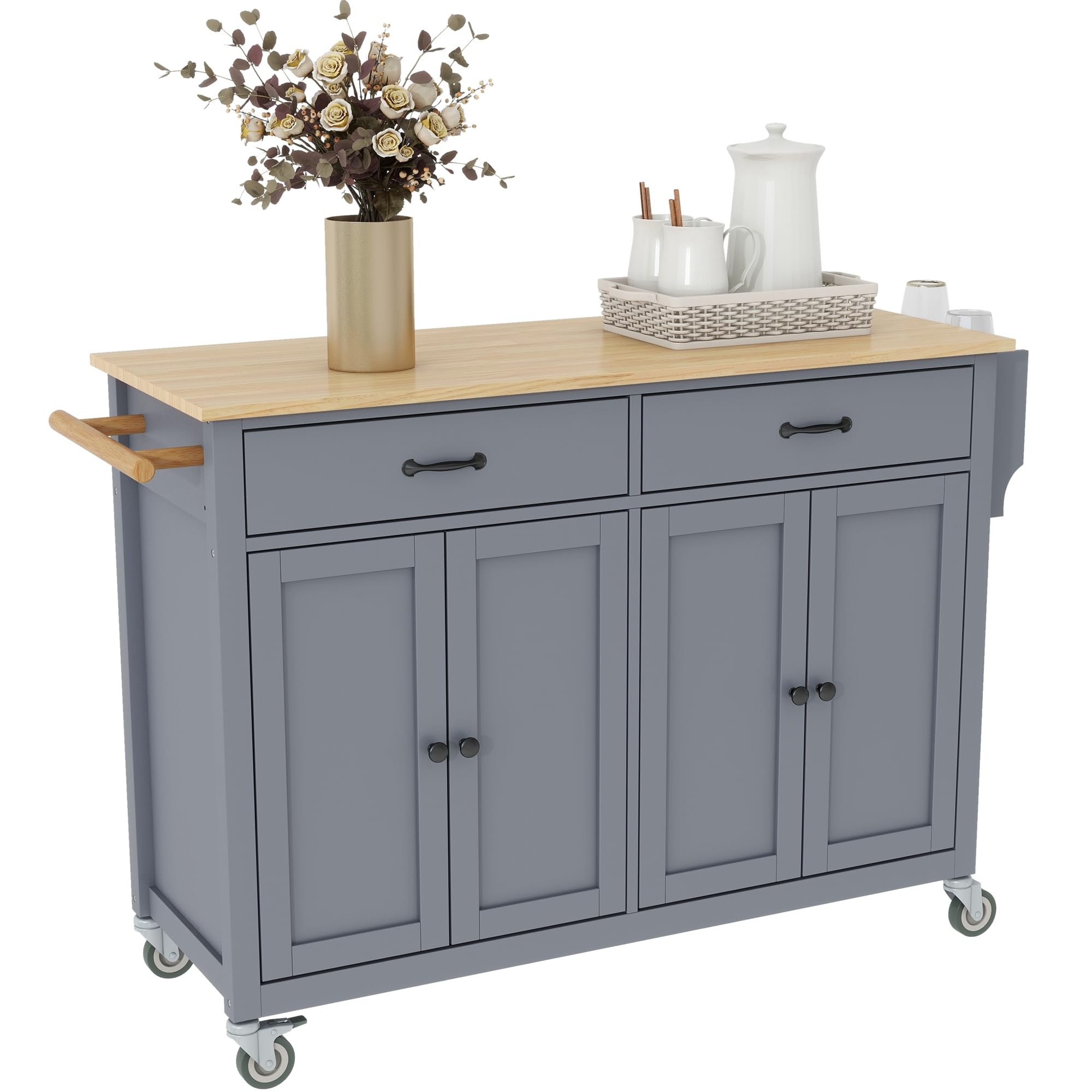 Solid Wood Top Kitchen Island on Wheels with 2 Drawers & Storage Cabinets - Large Rolling Kitchen Cart for Cooking Prep & Entertaining in Dusty Blue - Perfect for Small Kitchens, Dining Areas & Open Concept Living Spaces