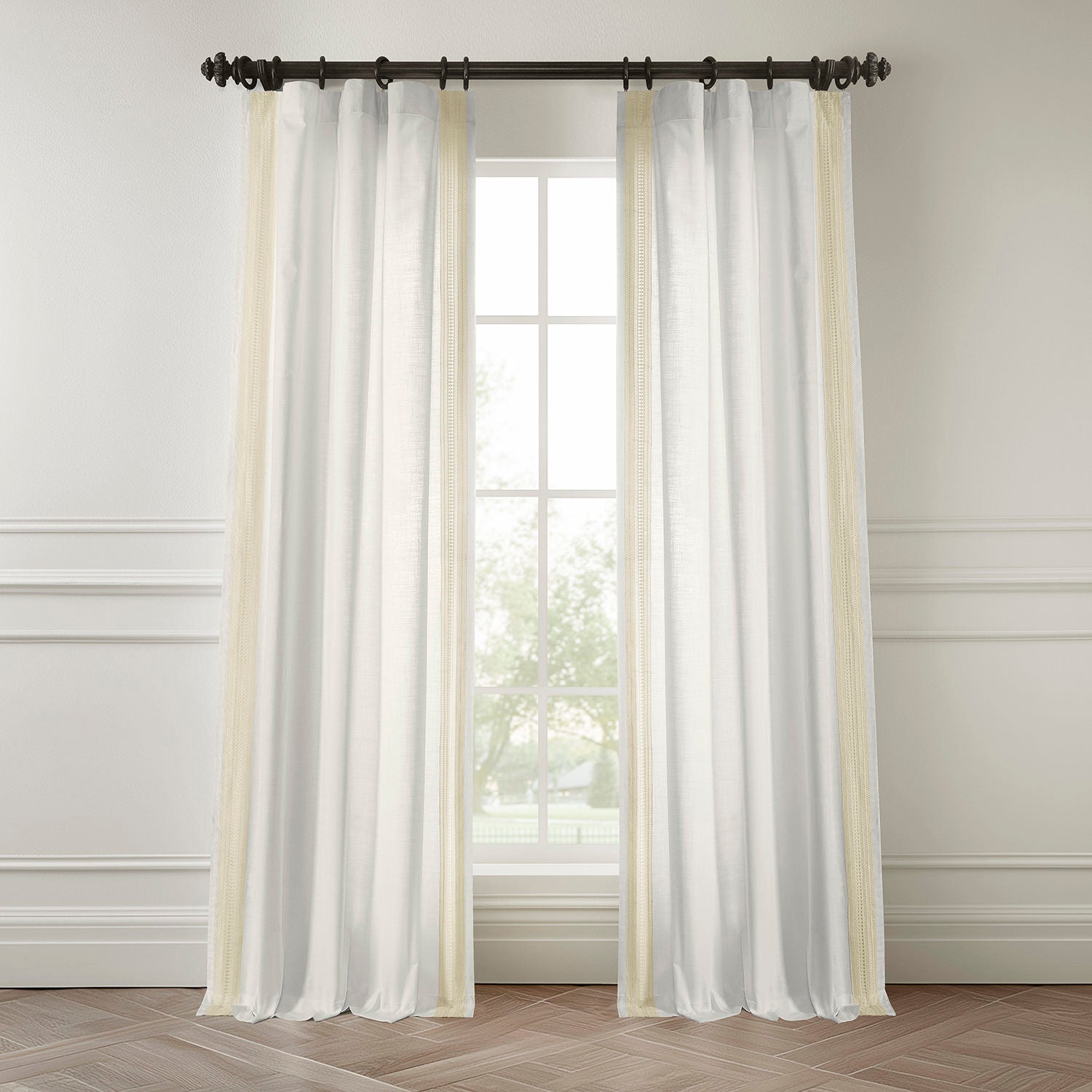 Stony Mosaic White Bordered Modern Hampton Textured Cotton Light Filtering Curtains - Elegant Window Treatment for Living Room, Bedroom & Office