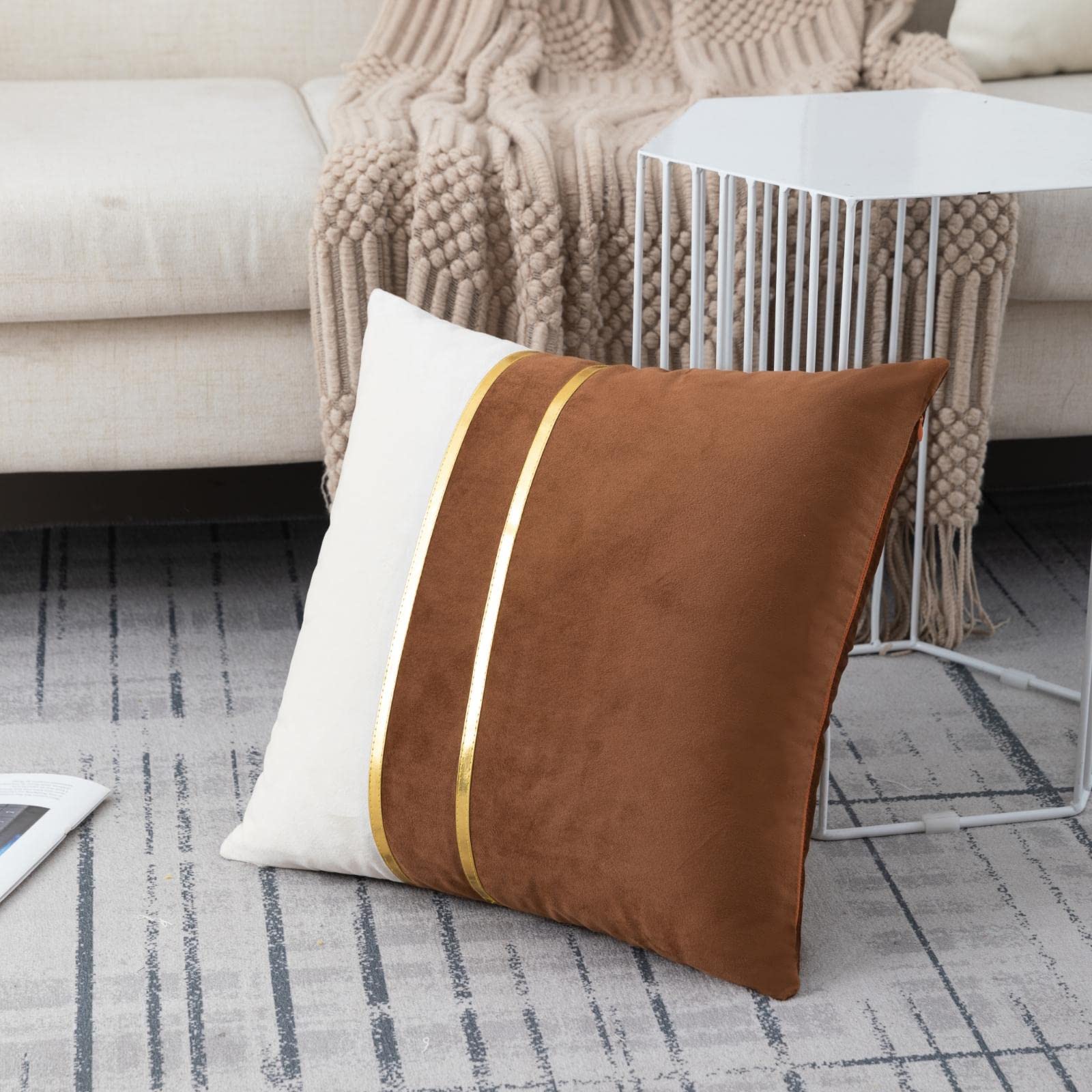 ZLINA Set of 2 Velvet Decorative Throw Pillow Covers - Brown & White Patchwork with Gold Leather Accents (18×18 Inch) for Sofa, Bed & Car - Luxury Cushion Covers for Living Room, Bedroom & Travel Decor