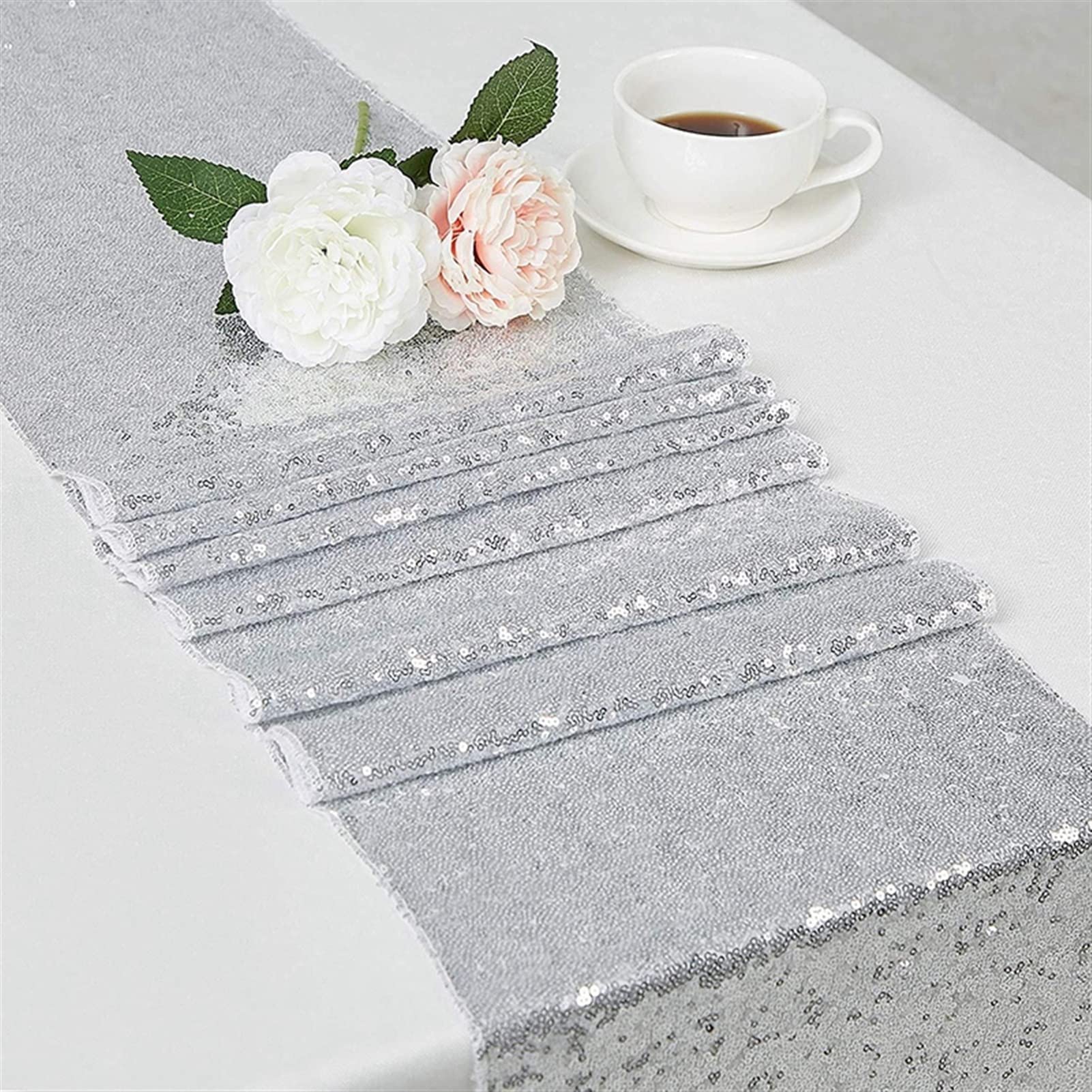 Sparkly Silver Sequin Table Runner 30x180cm - Glitter Rose Gold Desk Cover, Dustproof Heat Insulation Tablecloth for Wedding, Party, New Year Decor & Holiday Dining Table Setting