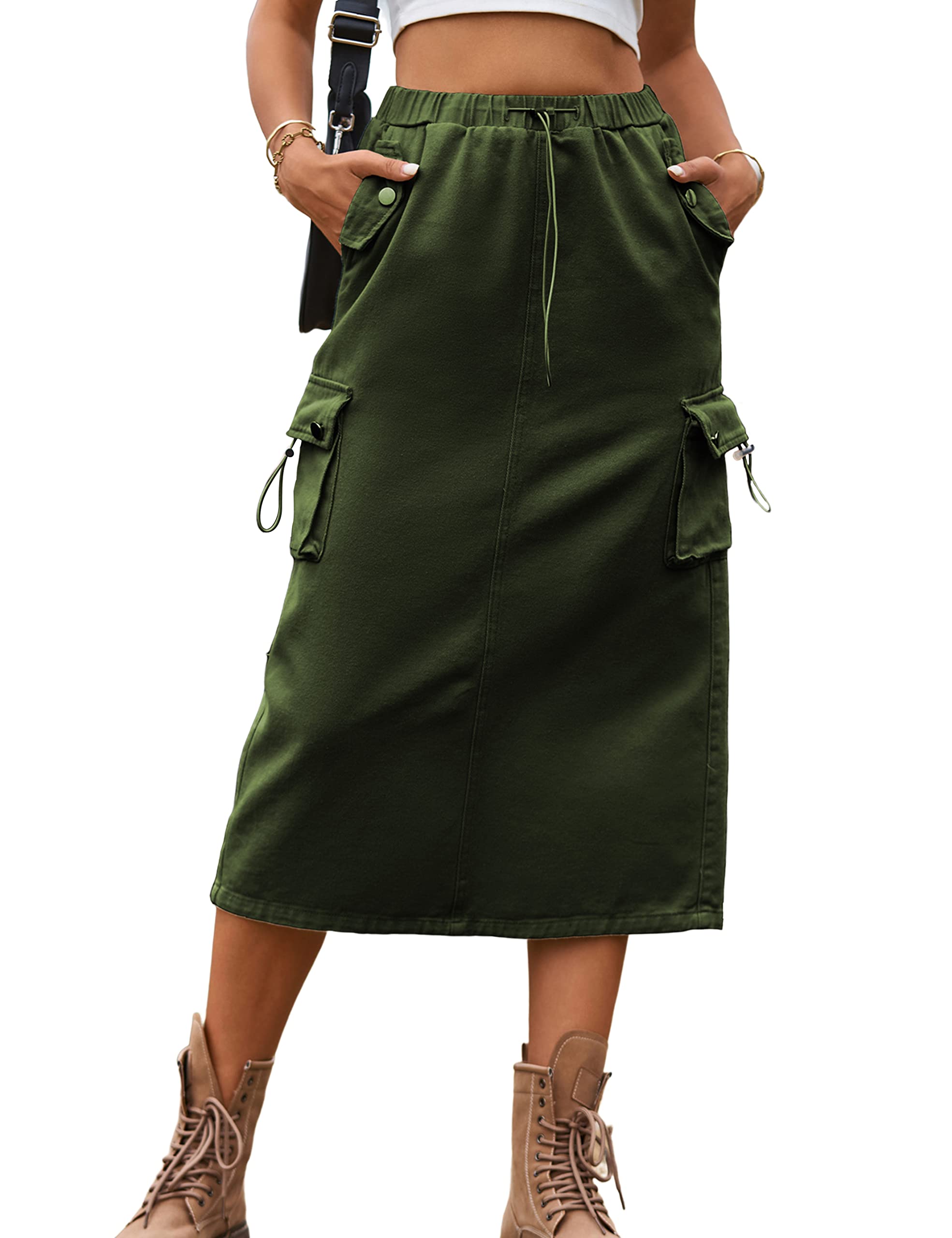 Ameliever Women's High Waist Denim Cargo Maxi Skirt with Drawstring & Multiple Pockets - Y2K Fashion Long Skirt for Casual Outfits, Streetwear and Retro Style