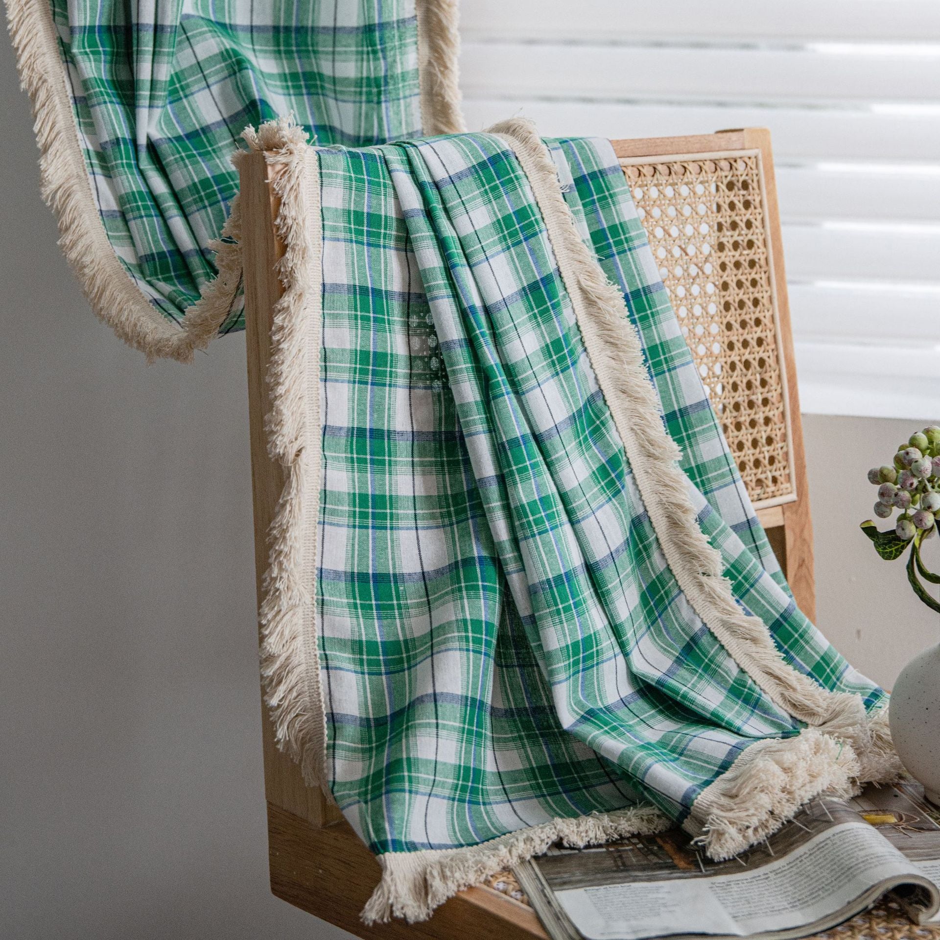 Mina Green Gingham Plaid Light Filtering Custom Curtains with Tassels - Perfect for Living Room, Bedroom & Nursery Window Treatments