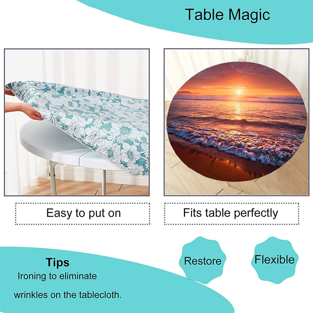 Ocean Round Tablecloth with Elastic Edge - Marine Theme 3D Printed Design for 36 Inch Dining Tables | Perfect for Buffet Parties, Camping & Beach Themed Events
