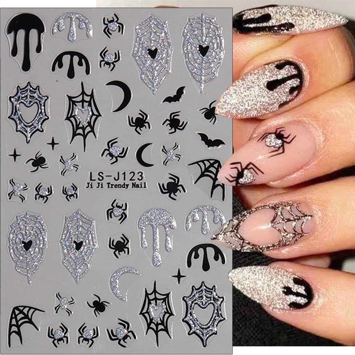 3D Halloween Nail Stickers - Spider Web, Bat, Skull, Black Silver Spider & Pumpkin Nail Art Decals - Self-Adhesive French Manicure Supplies for Women (6Pcs) - Perfect for Halloween Parties, Costume Events & Spooky Nail Designs