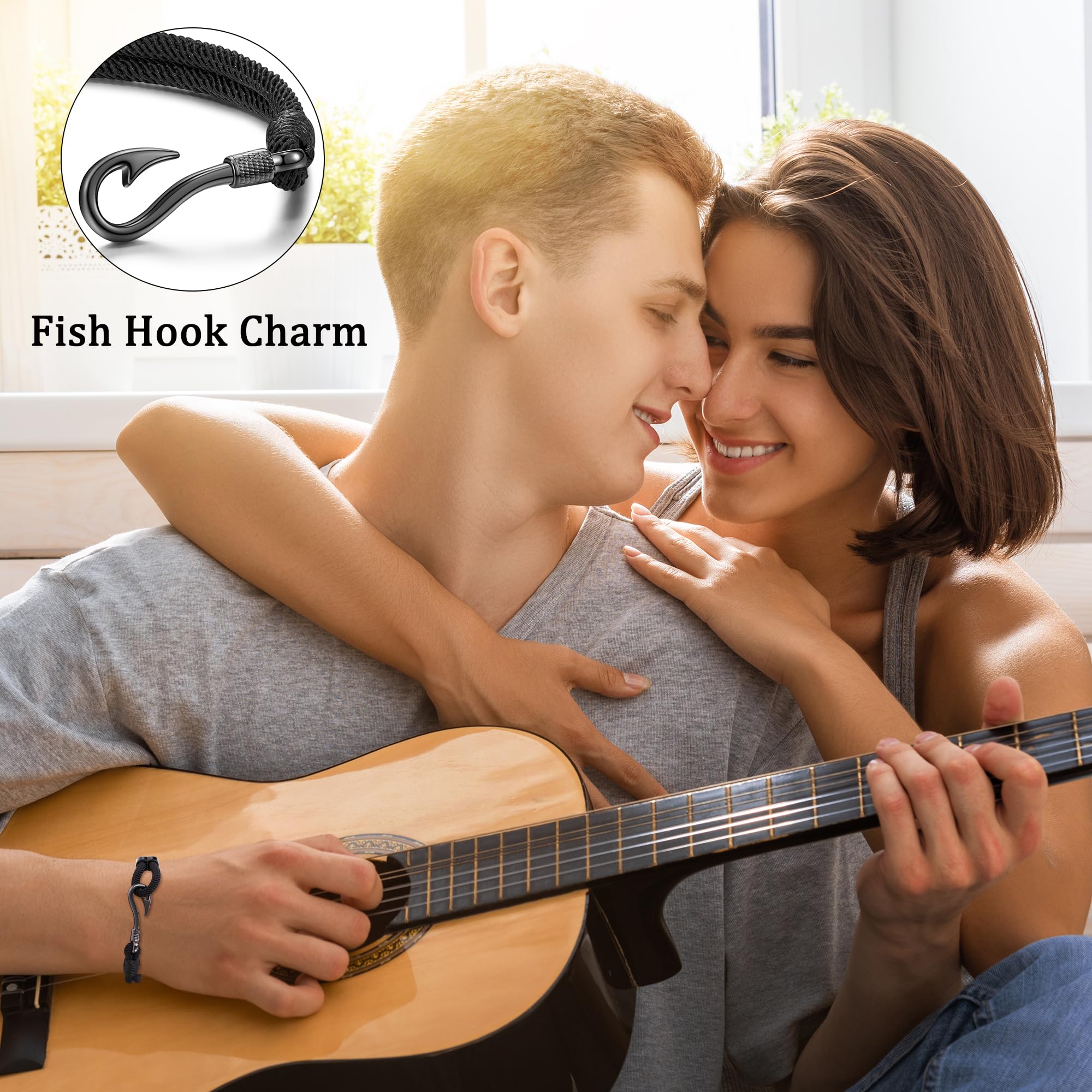 Fish Hook Bracelet for Men - Hooked on You Jewelry Gift for Husband, Boyfriend - Christmas, Anniversary, Valentine's Day, Birthday Present - Perfect for Fishing Enthusiasts & Outdoor Lovers