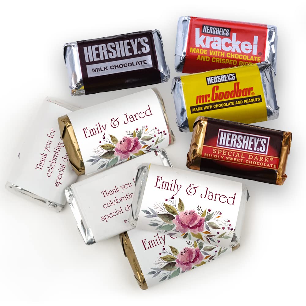 200pcs Personalized Wedding Candy Favors Kit - Custom Wrapped Chocolates (Miniatures, Kisses, Peanut Butter Cups) - Pink Floral Design for Bridal Shower, Baby Shower & Wedding Reception Candy Table Decorations