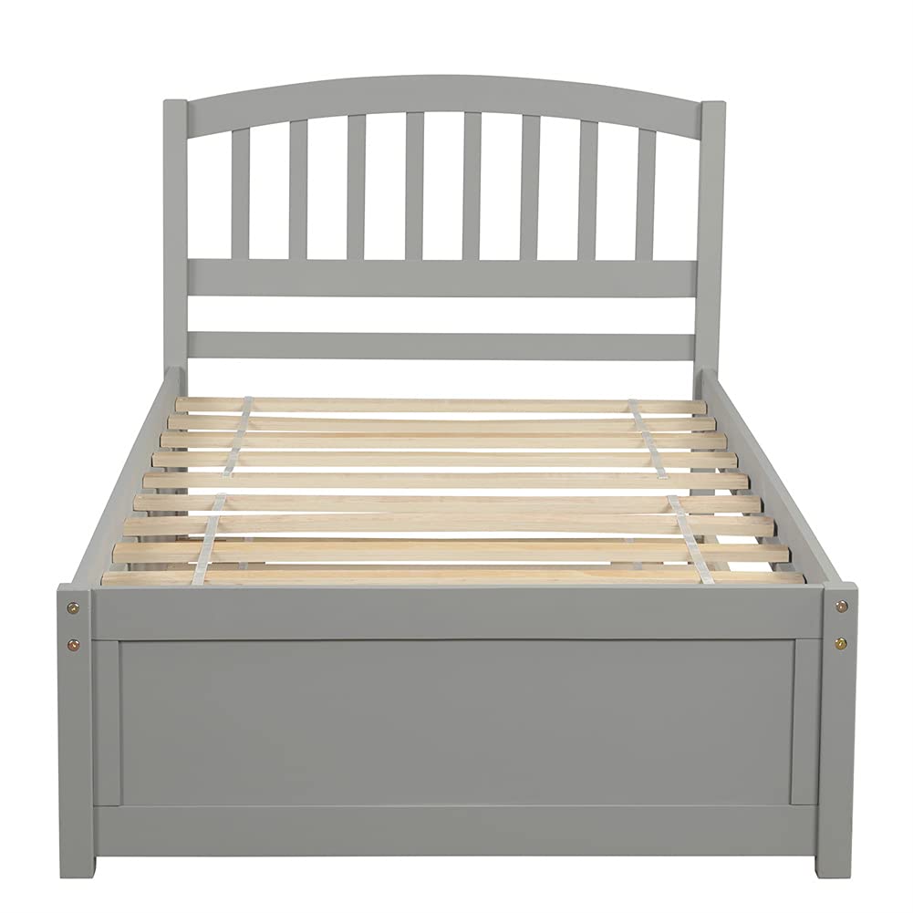 Twin Size Wood Platform Bed Frame with Trundle - Sturdy Wood Slat Support, No Box Spring Needed, Space-Saving Design (Gray) - Perfect for Kids Rooms, Guest Beds & Small Apartments
