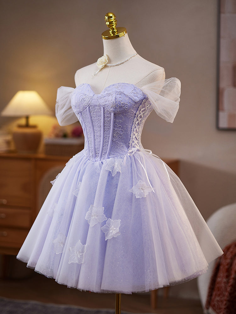 Elegant A-Line Sweetheart Neck Tulle Lace Short Purple Prom Dress | Homecoming Party Gown | Perfect for Prom Night, Homecoming Dance & Special Occasions