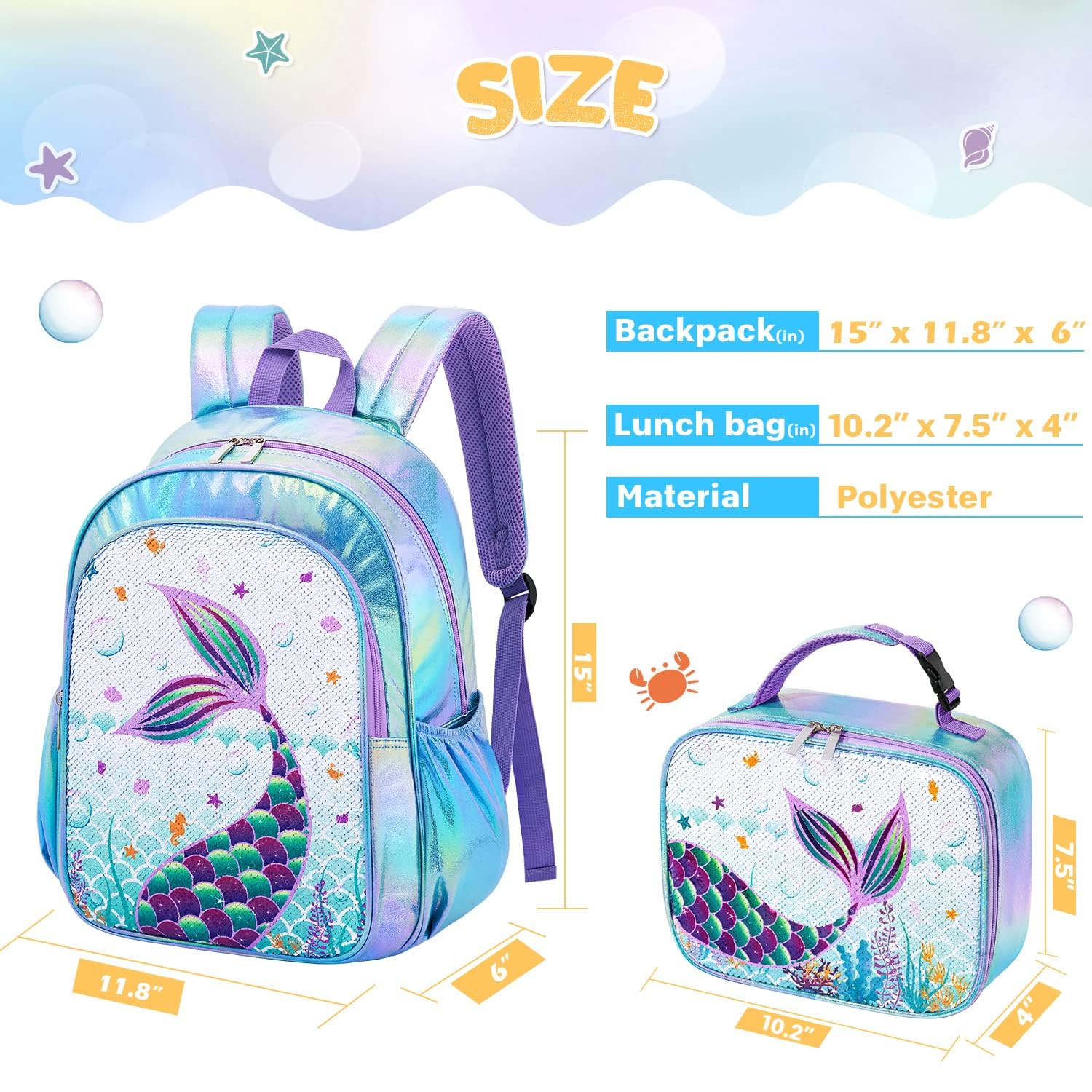 WAWSAM Glitter Mermaid Backpack Set - Sparkly 15