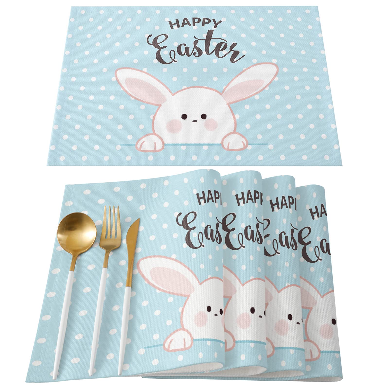 Happy Easter Bunny Placemats Set of 4 - Blue & White Polka Dot Cotton Linen Washable Table Mats 13x19 Inch for Dining Table, Kitchen Decor, Easter Party & Spring Home Decoration