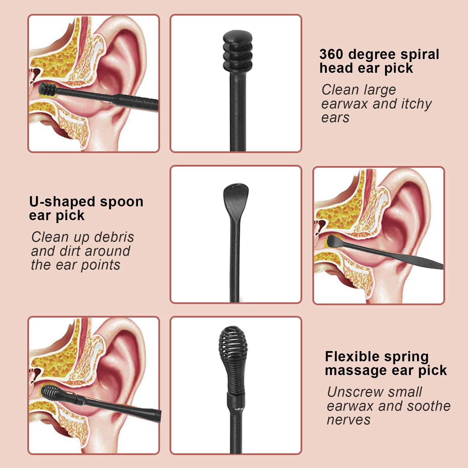 Stainless Steel Ear Wax Removal Kit - Ear Spoon Tool Set with Scoop & Wax Pick for Safe Ear Cleaning (Black & Silver) - Perfect for Home, Travel & Personal Hygiene Care