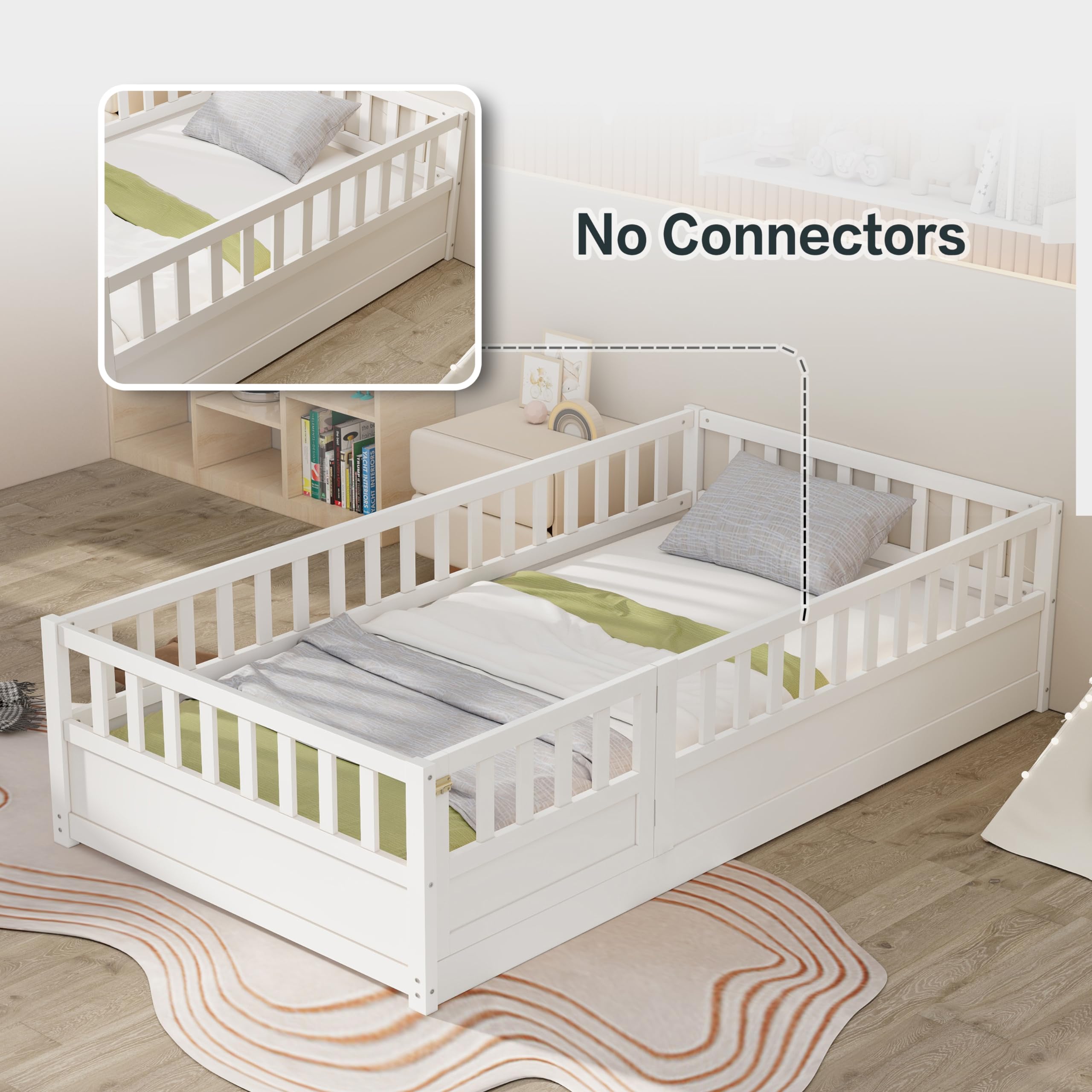 Montessori Twin Floor Bed with High Safety Rails & Door Design - Solid Wood Kids Bed Frame with Slats for Boys & Girls - White - Perfect for Toddler Rooms & Montessori Bedrooms