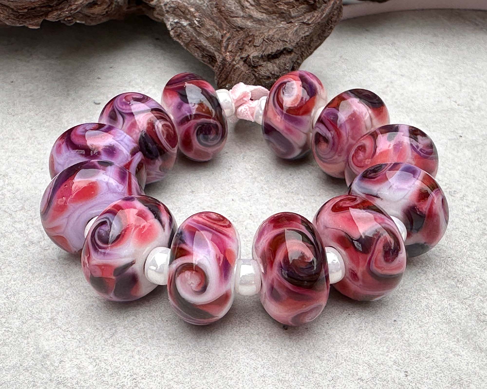 12pcs Cherry Bliss Mosaic Lampwork Glass Beads Set for Jewelry Making - DIY Bracelet, Necklace & Craft Projects - Handmade Artisan Beads for Boho & Fashion Accessories