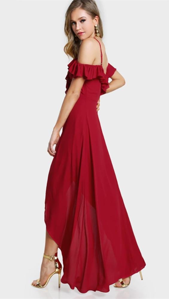 Gabriella Cold Shoulder Flutter Sleeve Wrap Maxi Dress - Women's Elegant Ruffle Plunge Evening Gown in Lipstick Red | Perfect for Weddings, Parties & Special Occasions