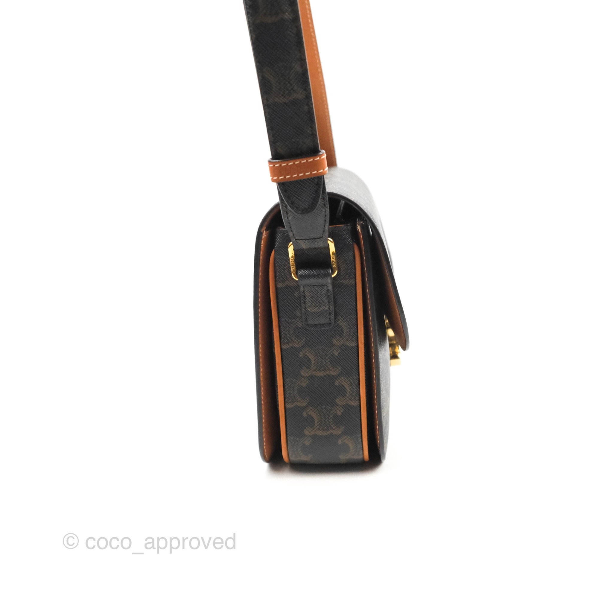 Celine Medium Triomphe Bag in Triomphe Canvas & Tan Calfskin Leather - Luxury Crossbody Shoulder Bag for Women, Perfect for Work, Travel & Everyday Elegance