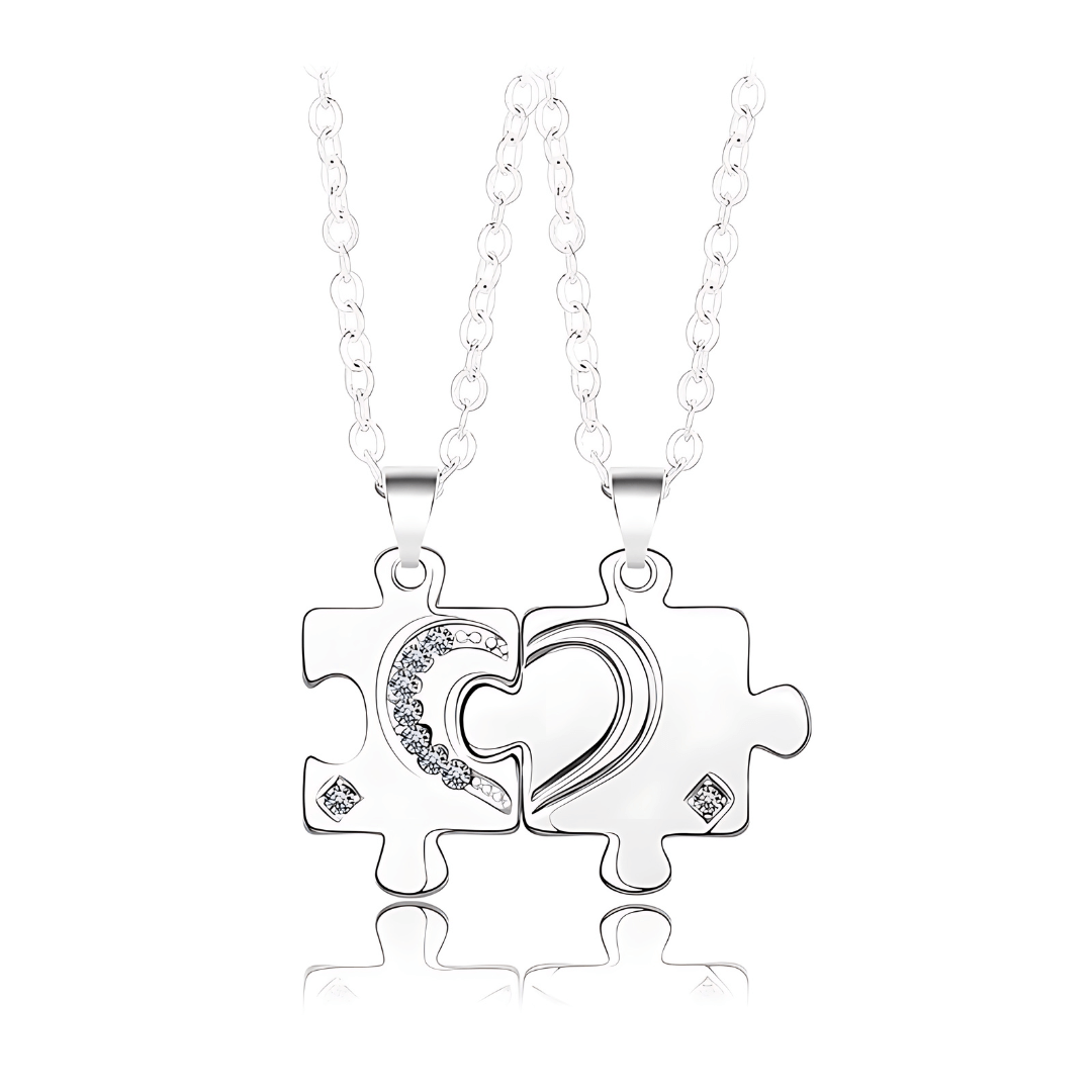 Encrusted Matching Puzzle Couple Necklace Set - Romantic Gift for Couples, Best Friends & Anniversaries | Perfect for Valentine's Day, Weddings & Special Occasions | HN250