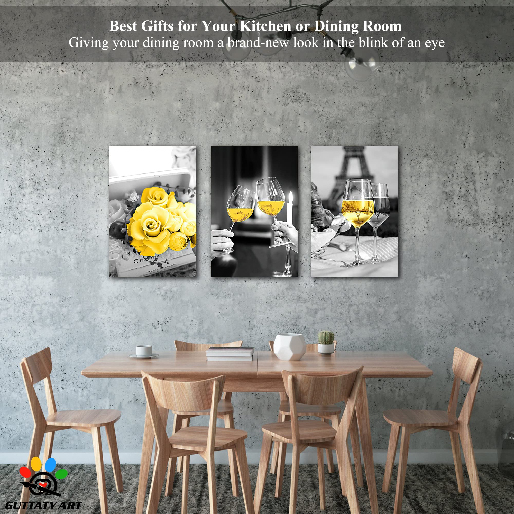 Modern Black and White Dining Room Wall Art Set - 3 Piece 16x24 Inch Canvas Prints with Yellow Rose Wine Glasses Design for Kitchen & Home Decor | Perfect for Dining Areas, Restaurants & Gift Giving