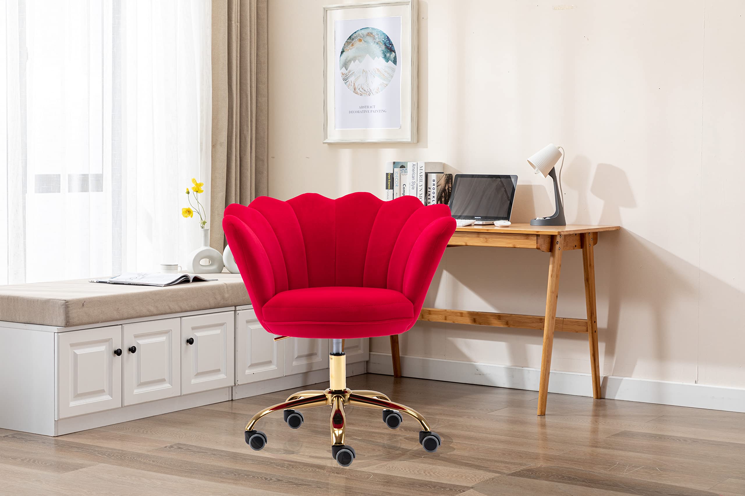 Modern Velvet Home Office Chair - Adjustable Height Swivel Task Desk Chair with Wheels for Living Room, Bedroom & Vanity Makeup Station (Red) | Perfect for Remote Work, Gaming & Beauty Routines