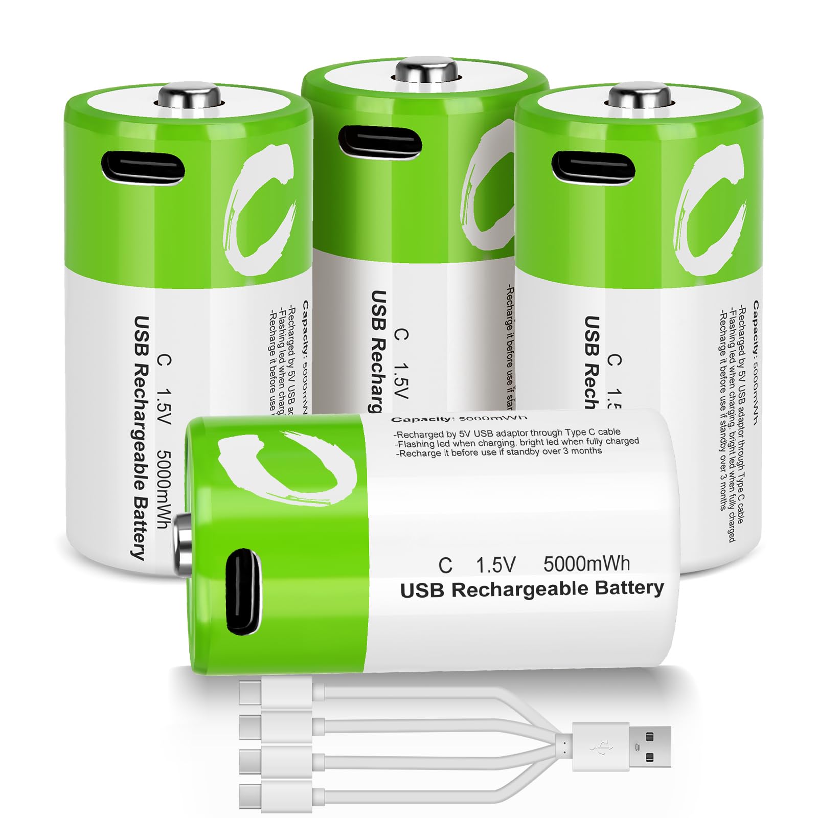 5000mWh Rechargeable C Batteries 4-Pack - 1.5V Lithium-ion C Size Batteries with USB-C Charging Cable | Long Lasting Power for Flashlights, Toys, Radios & Emergency Devices