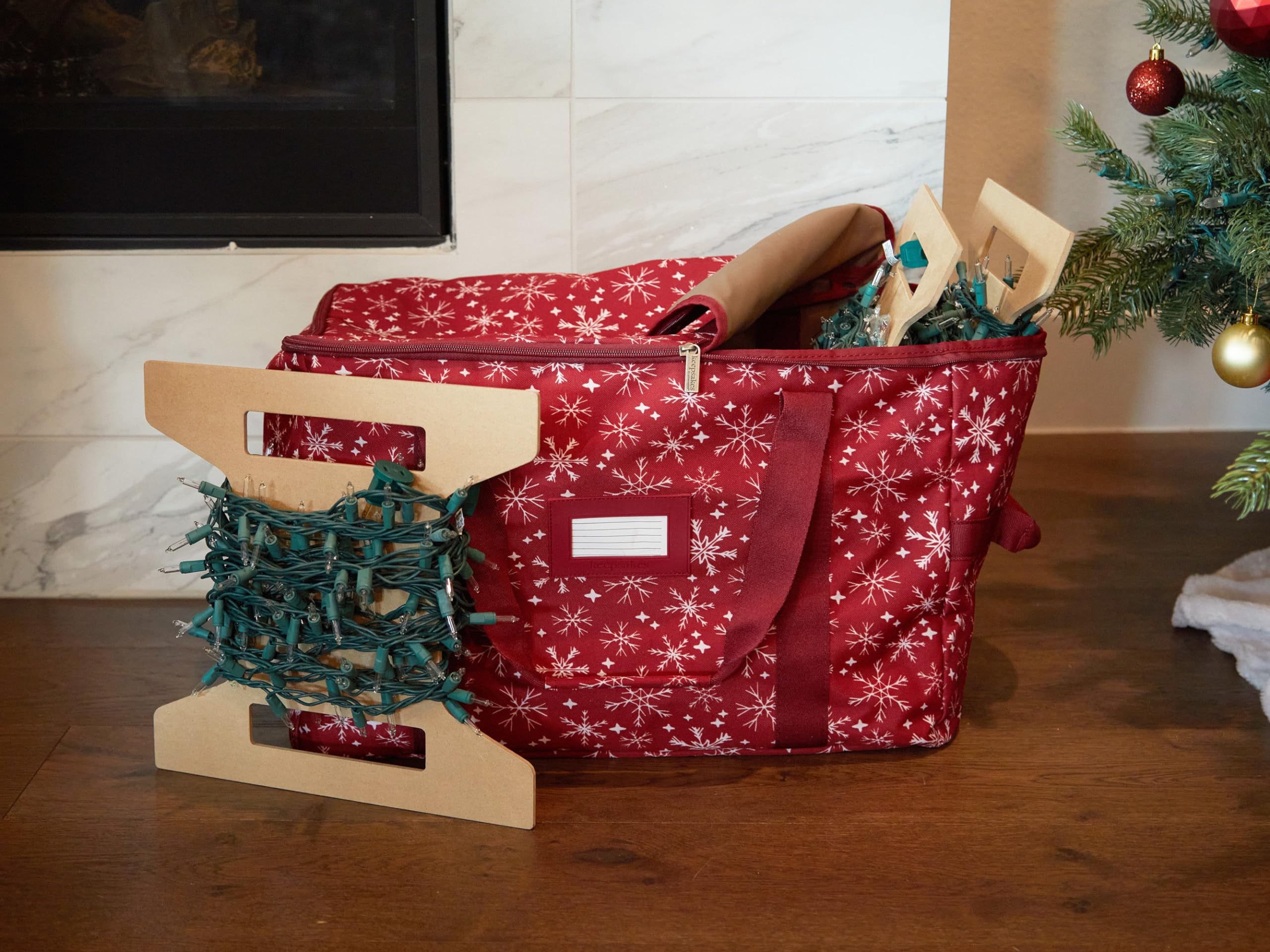 Covermates Keepsakes Christmas Light Storage Bag with Carrying Handles & ID Window - Holiday Decoration Organizer for Xmas Lights, Ornaments - Red Snowflake Design - Perfect for Seasonal Storage & Home Organization